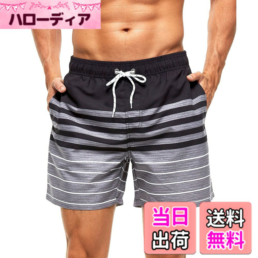 【送料無料】[Yotonna] ヨトンナ ボーダー柄 海水パンツ 水着 サーフパンツ メンズ 海パン [水陸両用・吸水速乾] トランクス 短パン ボードショーツ ビーチパンツ スイムウェア おしゃれ メッシュインナー付き 大きいサイズ M-4XL 色：ブラック、サイズ：3XL