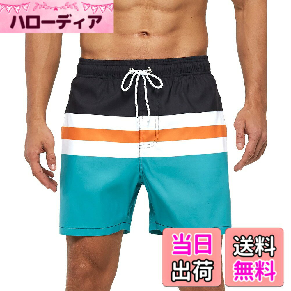 【送料無料】[Yotonna] ヨトンナ ボーダー柄 海水パンツ 水着 サーフパンツ メンズ 海パン [水陸両用・吸水速乾] トランクス 短パン ボードショーツ ビーチパンツ スイムウェア おしゃれ メッシュインナー付き 大きいサイズ M-4XL 色：オレンジ、サイズ：2XL