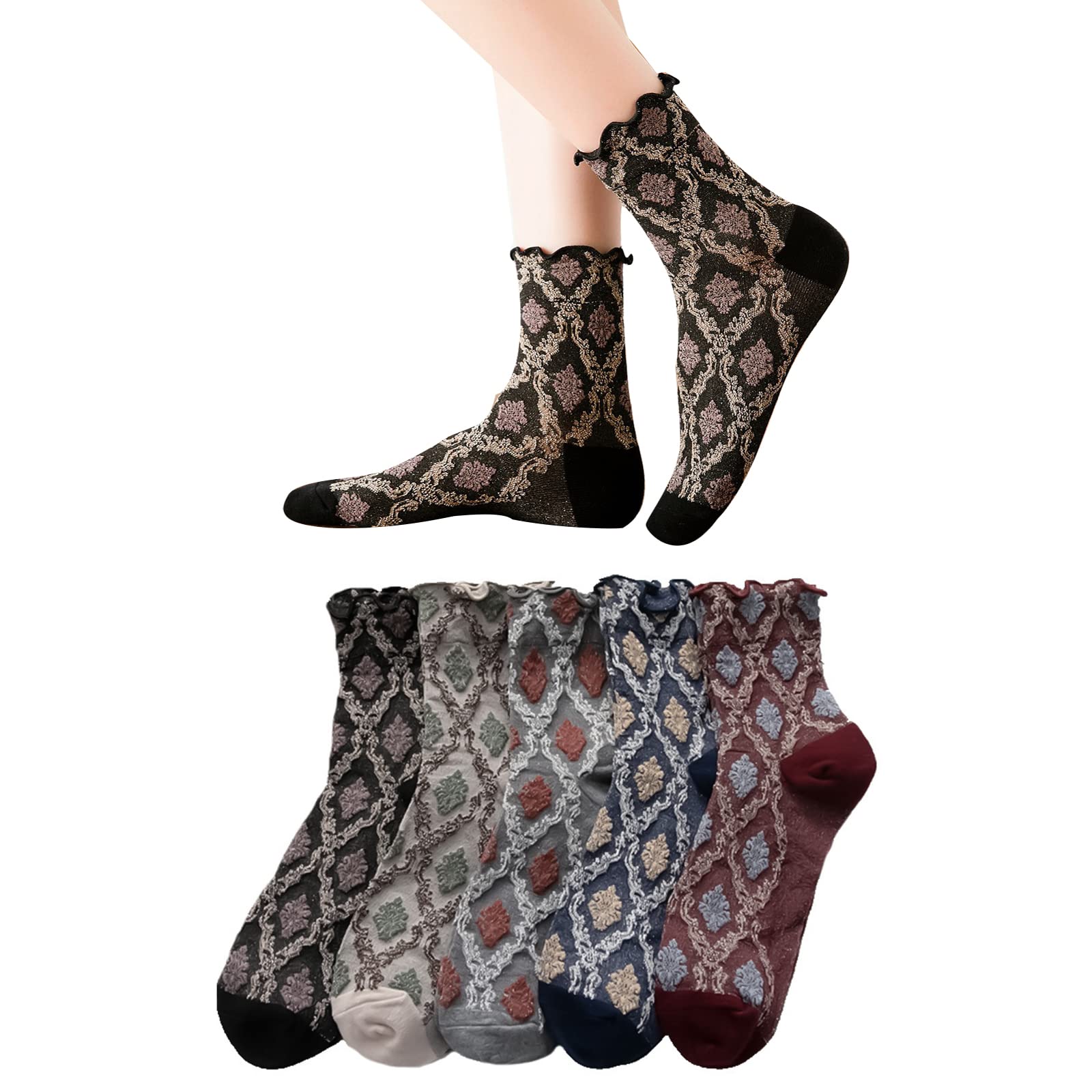 【送料無料】[Junerose]靴下 レディース 柔らかいフィット 優しい肌触りソックス 秋 かわいい おしゃれ 滑り止め シンプル 通気 蒸れない 脱げない ソックス レディース スニーカーソックス 四季適用 色：F、サイズ：長い靴下