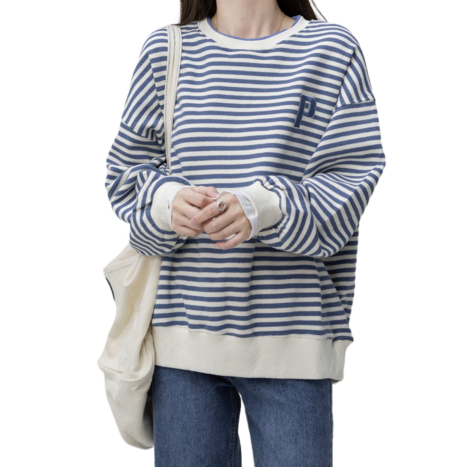 【送料無料】ストライプ 重ね着風 トレーナー 刺繍 トップス レディース パーカー 春 秋 韓国ファッション 大きいサイズ ゆったり 長袖 色：ブルー、サイズ：L