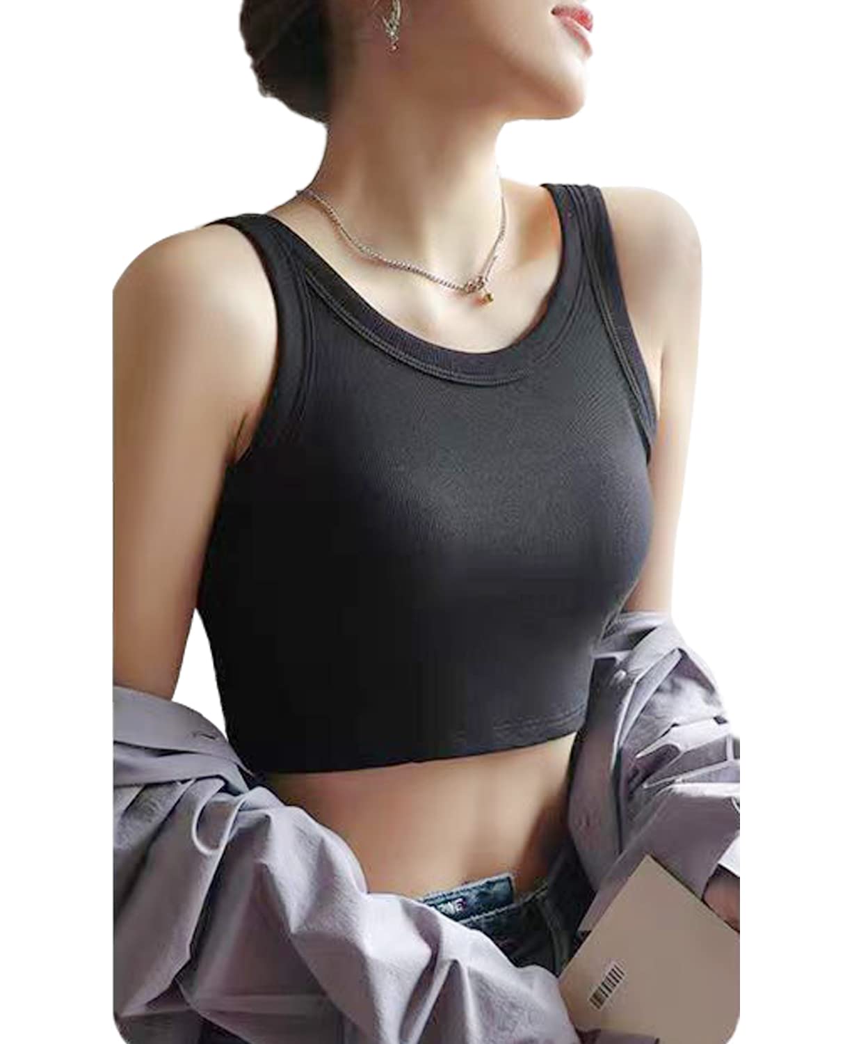 【送料無料】[Kayuuhin] タンクトップ ショート丈 カップ付き キャミソール 伸縮性 レディース インナー ノースリーブ ダンス スポーツ トップス 無地 人気 おしゃれで着こなし 色：ブラック、サイズ：S