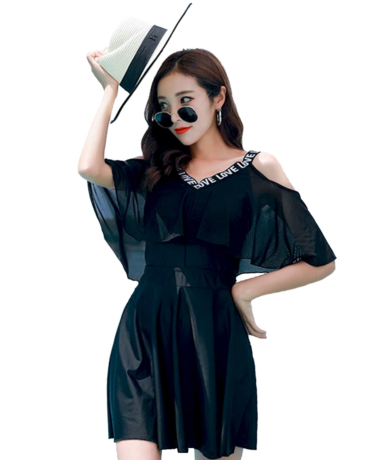 【送料無料】[Eolluka] ワンピース 水着 レディース 2点セット 体型カバー ワンピース オールインワン オフショルダー フレア 大きいサイズ 水陸両用 色：ブラック、サイズ：2XL