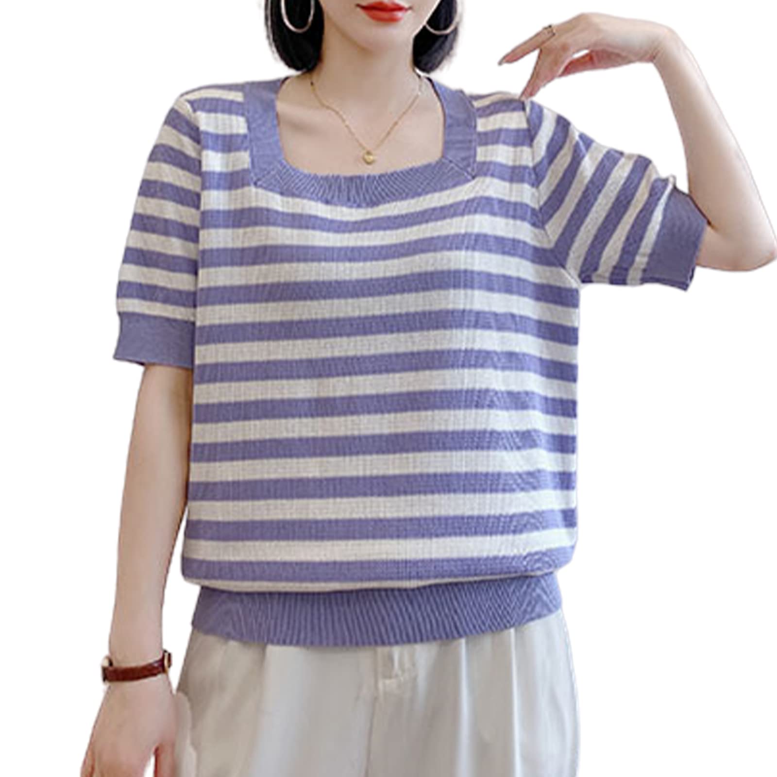 【送料無料】[xppe] サマーニット セーター レデイース 通気 ストライプ 半袖 ボーダー柄 スクエアネック 薄手 ストレッチ ソフト きれいめ 可愛い ゆったり 大きいサイズ 体型カバー 通勤 日常着 カジュアル 夏服 色：パープル、サイズ：XL