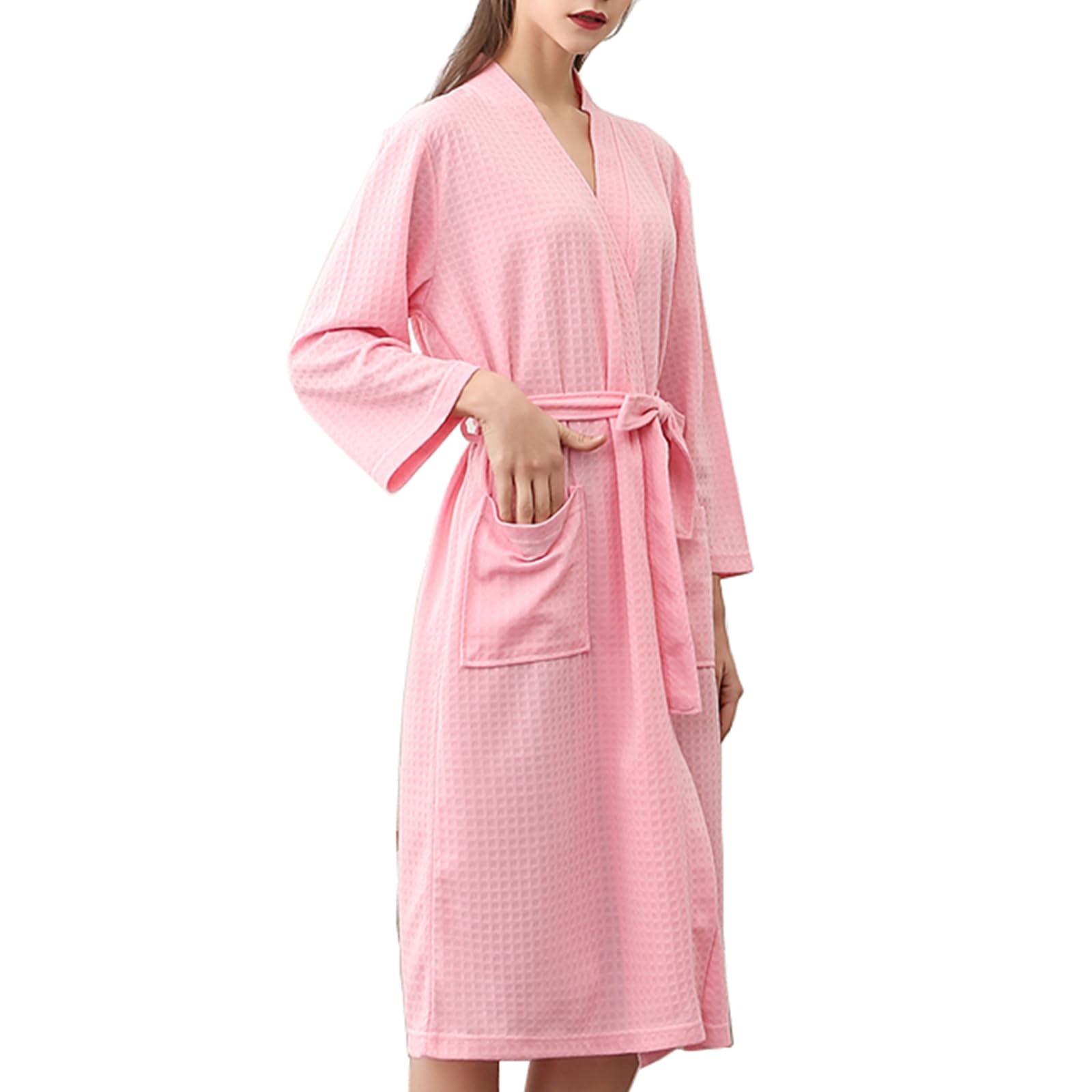【送料無料】[zuevichn] バスローブ 薄手 レディース ルームウェア 優しい肌触り ホテル お風呂上り パジャマ 保温 通気 部屋着 バス用品 春夏秋 色：ピンク、サイズ：M