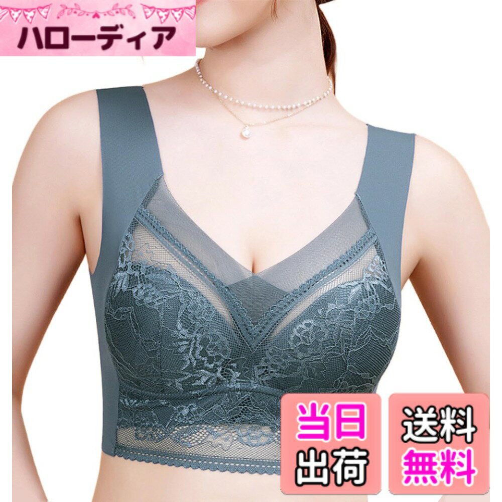 【送料無料】[newsight] L-6L ブラジャー 脇高 ナイトブラ 昼間兼用 小さく見せるブラ 夜用ブラ 大きいサイズ ノンワイヤー 人気 レース 色：ブルー、サイズ：L