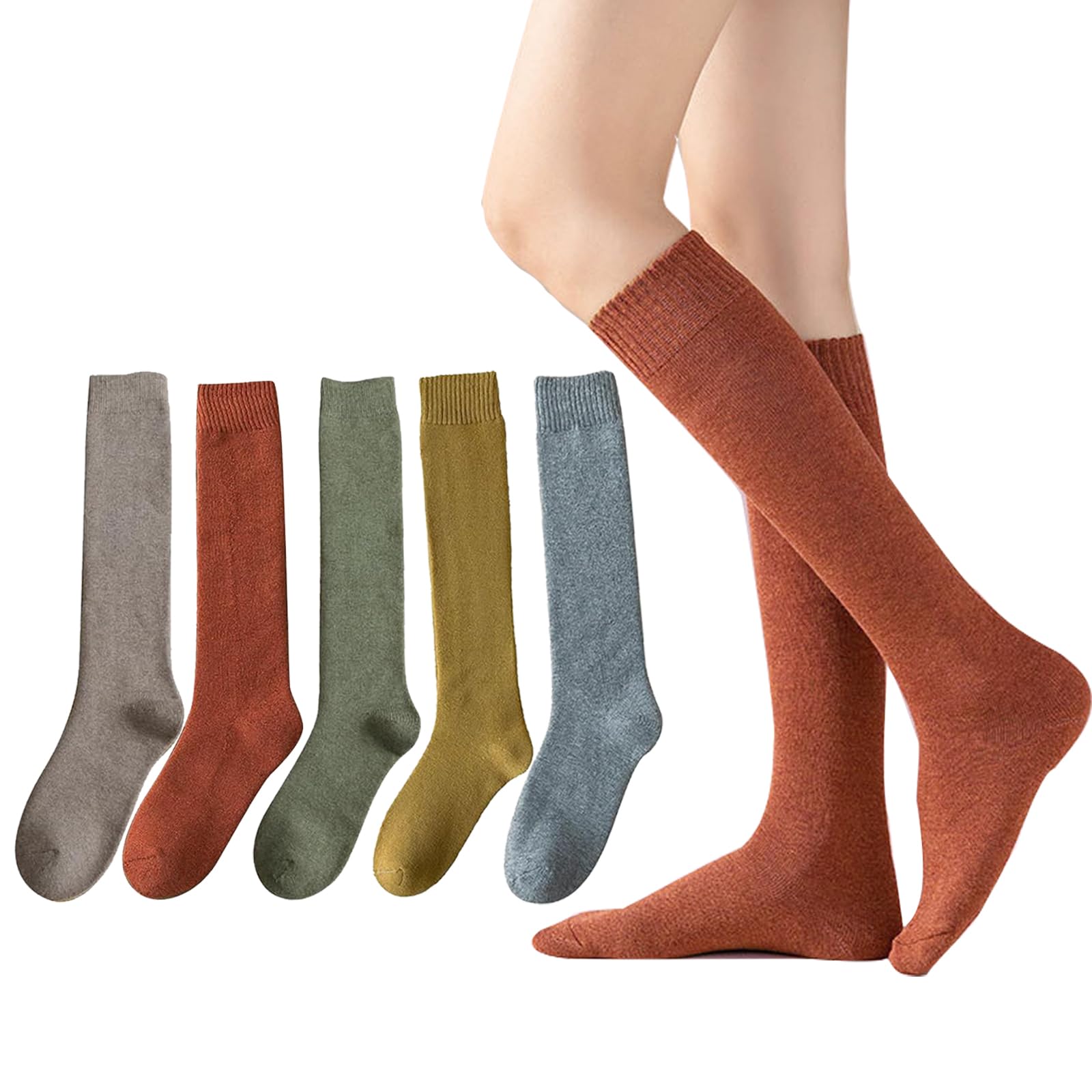 【送料無料】靴下 レディース 春秋冬 5足組 保温 防寒 ハイソックス 裏起毛 ロングソックス 無地 スクールソックス 通勤 通学 色：B、サイズ：Free Size