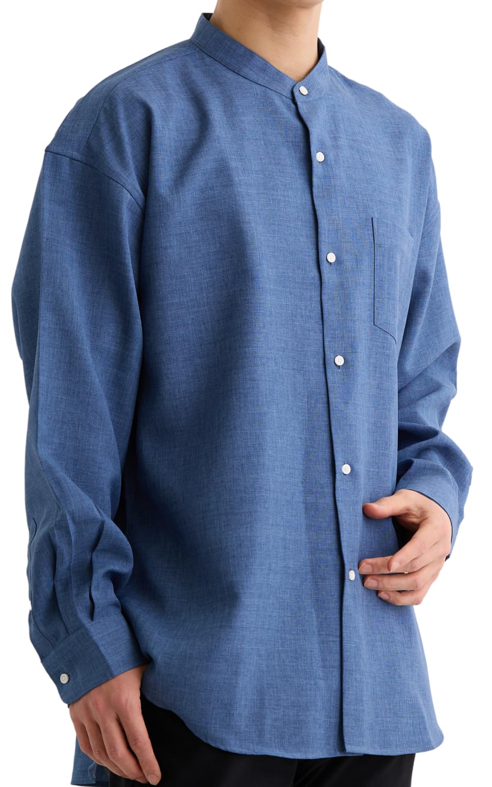 【送料無料】[Lucky Charm] ラッキーチャーム 【シワになりづらいイージーケア】 オーバーサイズ バンドカラー シャツ メンズ 長袖 カジュアル ビッグシルエット リラックスフィット 速乾 大きいサイズ 色：ネイビー、サイズ：M Big