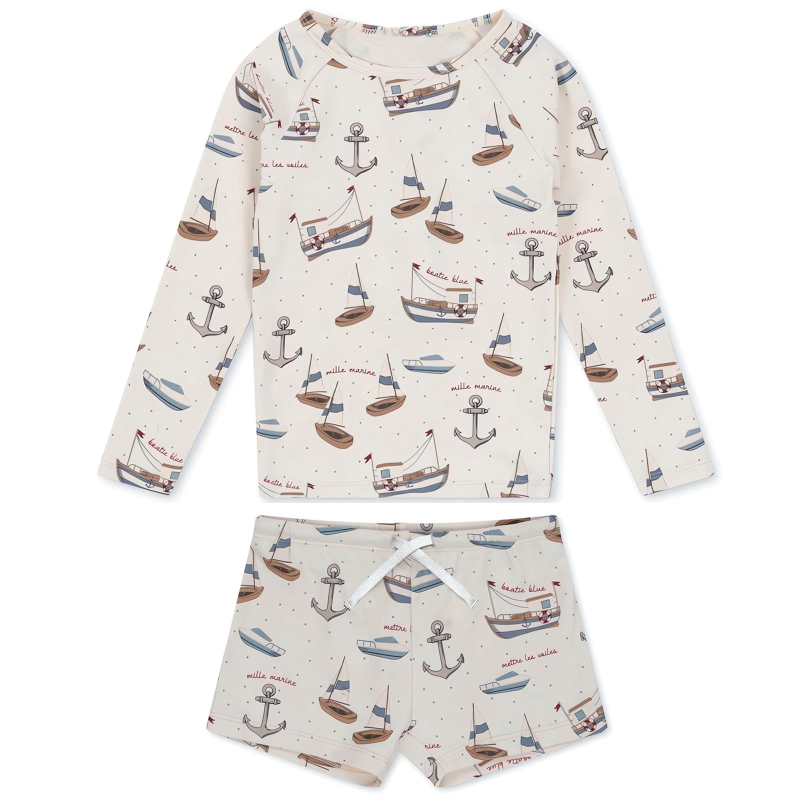 【送料無料】[GoUseGo] キッズ 水着 男の子 3点セット 長袖ラッシュガード スイムパンツ 帽子 子ども用水着 80-160cm 小学生用 スイムウェア 上下セット セパレート 子供 幼児 水着 幼稚園 保育園用 UPF50+ 紫外線対策 UVカット 色：船、サイズ：100-110