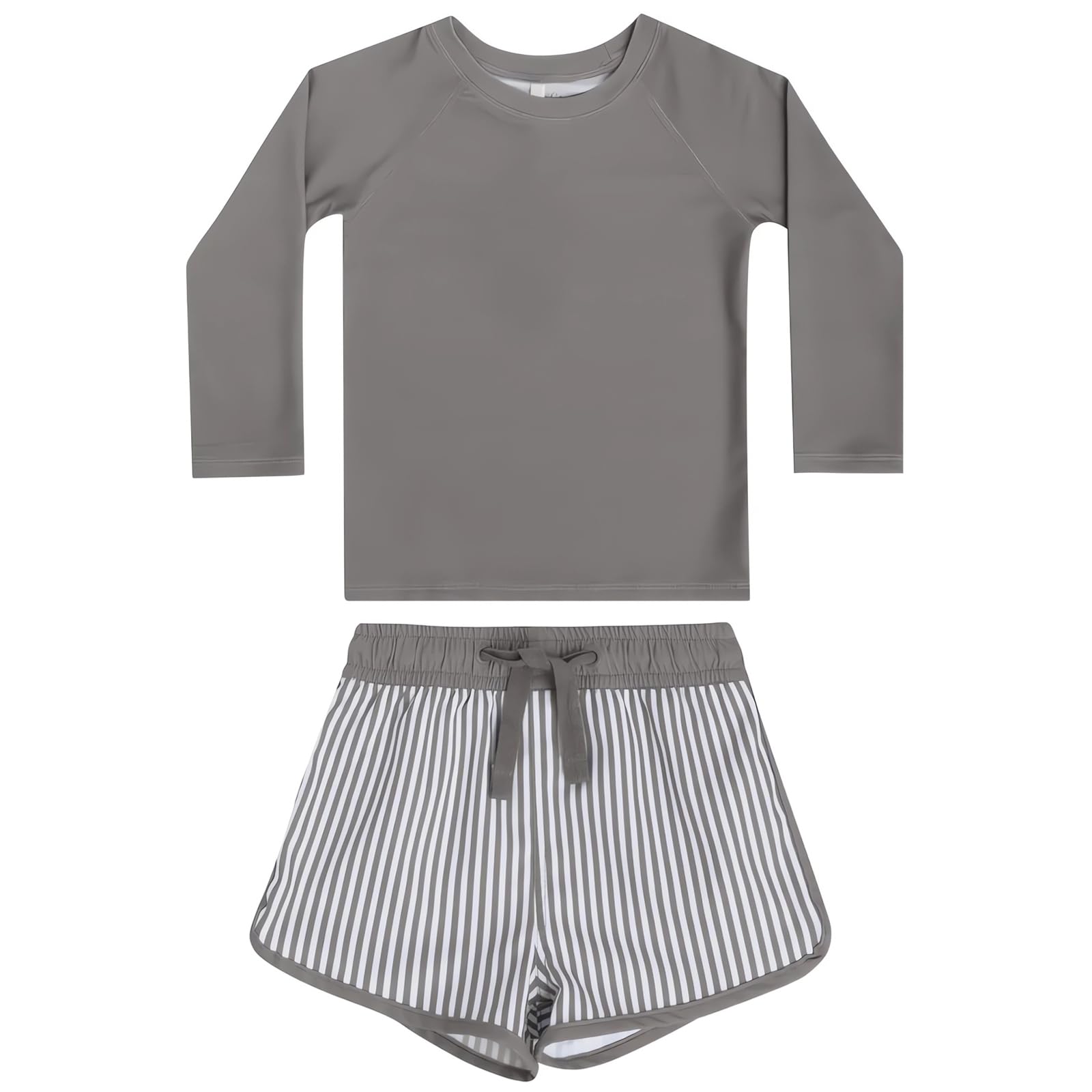 【送料無料】[GoUseGo] キッズ 水着 男の子 2点セット 長袖ラッシュガード スイムパンツ 子ども用水着 90-130cm 小学生用 スイムウェア 上下セット セパレート 子供 幼児 ベビー水着 幼稚園 保育園用 UPF50+ 紫外線対策 UVカット 色：グレー（帽子なし）、サイズ：80-90