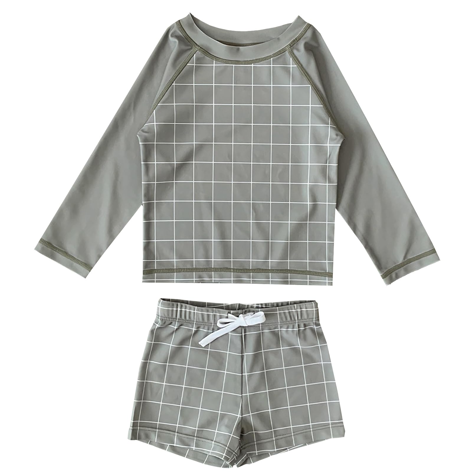 【送料無料】[GoUseGo] キッズ 水着 男の子 3点セット 長袖ラッシュガード スイムパンツ 帽子 子ども用水着 80-160cm 小学生用 スイムウェア 上下セット セパレート 子供 幼児 水着 幼稚園 保育園用 UPF50+ 紫外線対策 UVカット 色：グリーンxチェック、サイズ：90-100