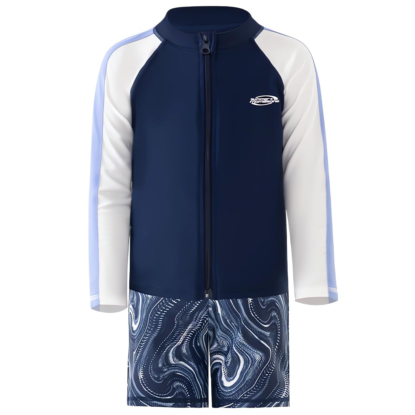 【送料無料】[GoUseGo] キッズ 水着 男の子 3点セット 小学生用 長袖ラッシュガード サーフパンツ 帽子 90-155cm 子ども用水着 ビーチ スイムウェア 上下セット 子供 幼児 幼稚園用 小学校 水着 UPF50+ 日焼け止め 色：ネイビー、サイズ：95-105