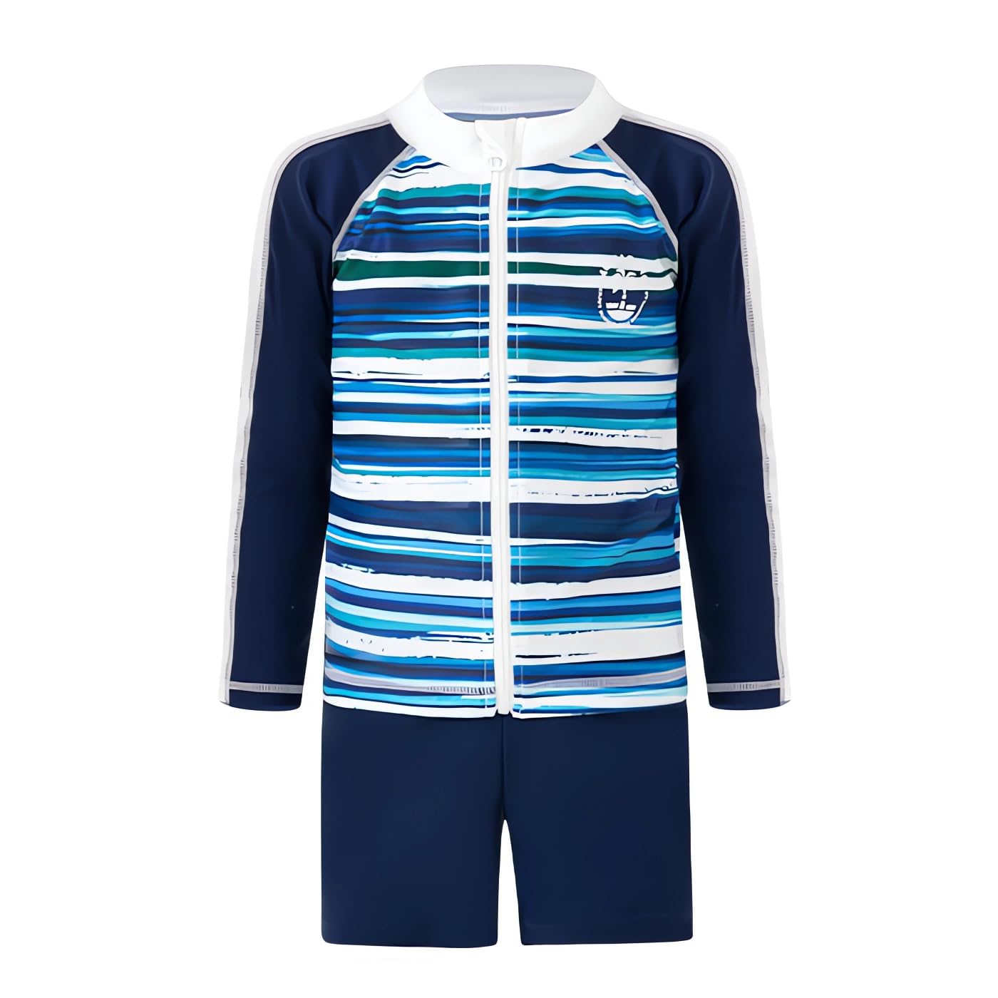 【送料無料】[GoUseGo] キッズ 水着 男の子 3点セット 小学生用 長袖ラッシュガード サーフパンツ 帽子 90-155cm 子ども用水着 ビーチ スイムウェア 上下セット 子供 幼児 幼稚園用 小学校 水着 UPF50+ 日焼け止め 色：ストライプ、サイズ：145-150