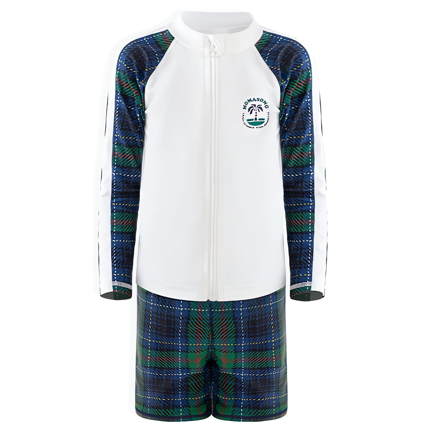 【送料無料】[GoUseGo] キッズ 水着 男の子 3点セット 小学生用 長袖ラッシュガード サーフパンツ 帽子 90-155cm 子ども用水着 ビーチ スイムウェア 上下セット 子供 幼児 幼稚園用 小学校 水着 UPF50+ 日焼け止め 色：チェック、サイズ：85-95