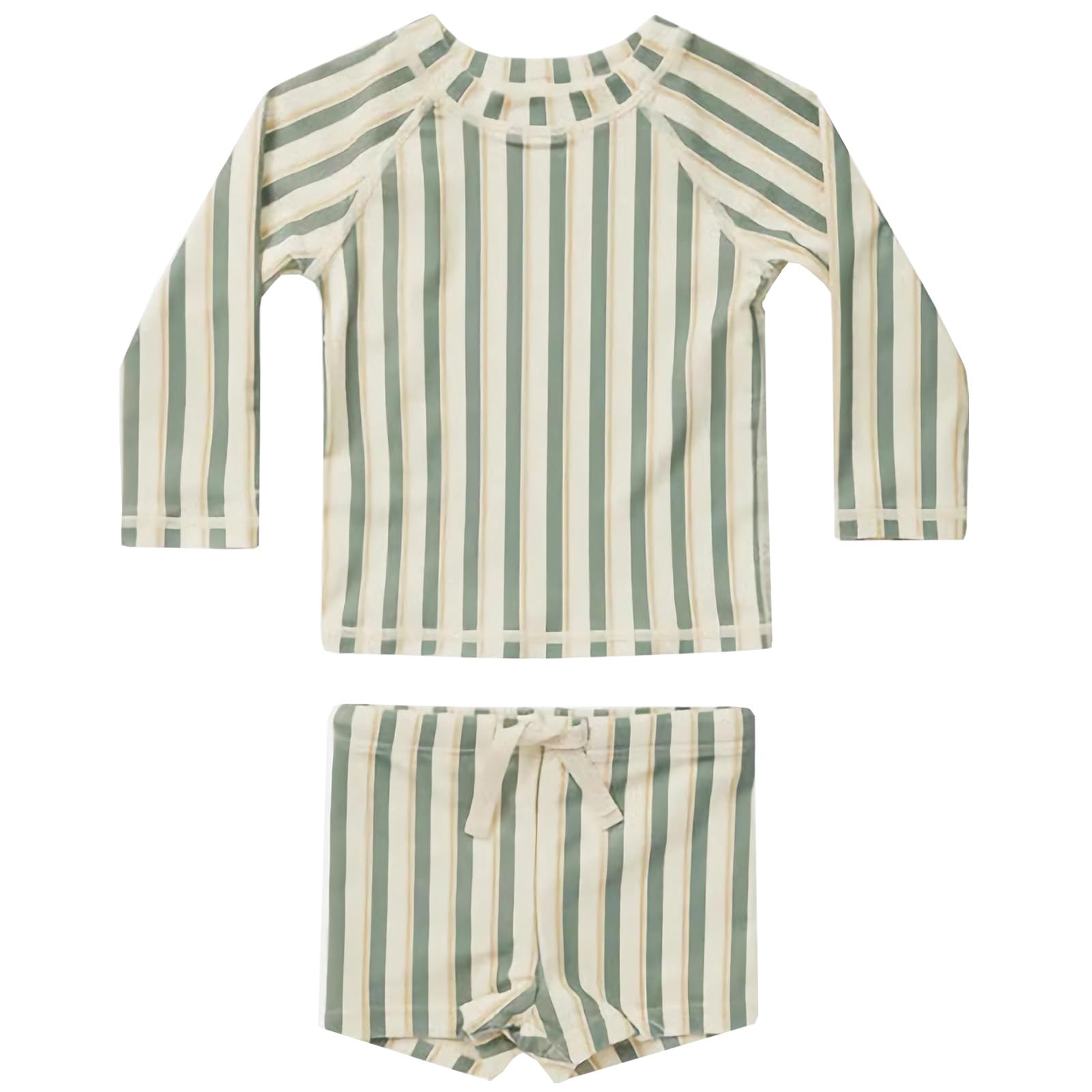 【送料無料】[GoUseGo] キッズ 水着 男の子 3点セット 長袖ラッシュガード スイムパンツ 帽子 子ども用水着 80-160cm 小学生用 スイムウェア 上下セット セパレート 子供 幼児 水着 幼稚園 保育園用 UPF50+ 紫外線対策 UVカット 色：グリーン縞、サイズ：110-120