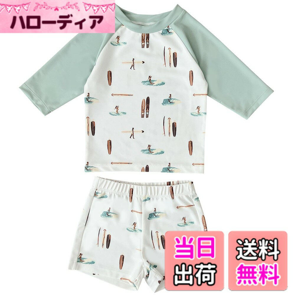 商品情報商品の説明主な仕様 【着回し自在のキッズ水着セット】色使いがかわいいラッシュガード・サーフパンツとキャップがセットで登場。UPF50+の紫外線対策は、夏の日差しからもしっかりガード。兄弟や友達とのお揃いも楽しめる、80-130サイズの幅広いサイズバリエーションをご用意いたしました。【着心地のよい素材】従来の素材より高い速乾性を実現、耐磨耗性・耐久性に加え毛玉になりにくい特徴があるリサイクルポリエステル素材を使用、ポリウレタンを配合することで伸縮性もあって動きやすいのにサラッとしたドライな着心地。元気に泳ぐ子どもたちにピッタリです。【優れたUVカット効果】】普通にTシャツを着るようにかぶって着られます。強い日差しから素肌を守るラッシュガードタイプになっており、UVカット加工を施した遮蔽率90%以上の素材を使用しているので、長時間の海水浴やプールでもしっかりキッズの肌を紫外線から守ります。【幅広いシーンに対応できる】ニュアンスカラー配色、遊び心溢れる象、シェル、ダックとサーフィンプリントがお子様の可愛らしさを引き立てます。セットアップなので日焼け対策しながらもおしゃれです。海やプール、川遊びはもちろん、水泳練習、スクール授業、温泉、旅行も活躍できます。キャンプやBBQ、ふだんの公園遊びなどもオススメです。【商品仕樣】セット内容：ラッシュガード・スイムパンツ・キャップ 素材：ポリエステル、ポリウレタン サイズ：80/90/100/110/120/130 ※着用後は、直ちに真水で手洗いし、陰干しで自然乾燥してください。※タンブル (乾燥機) 乾燥はお避けください。