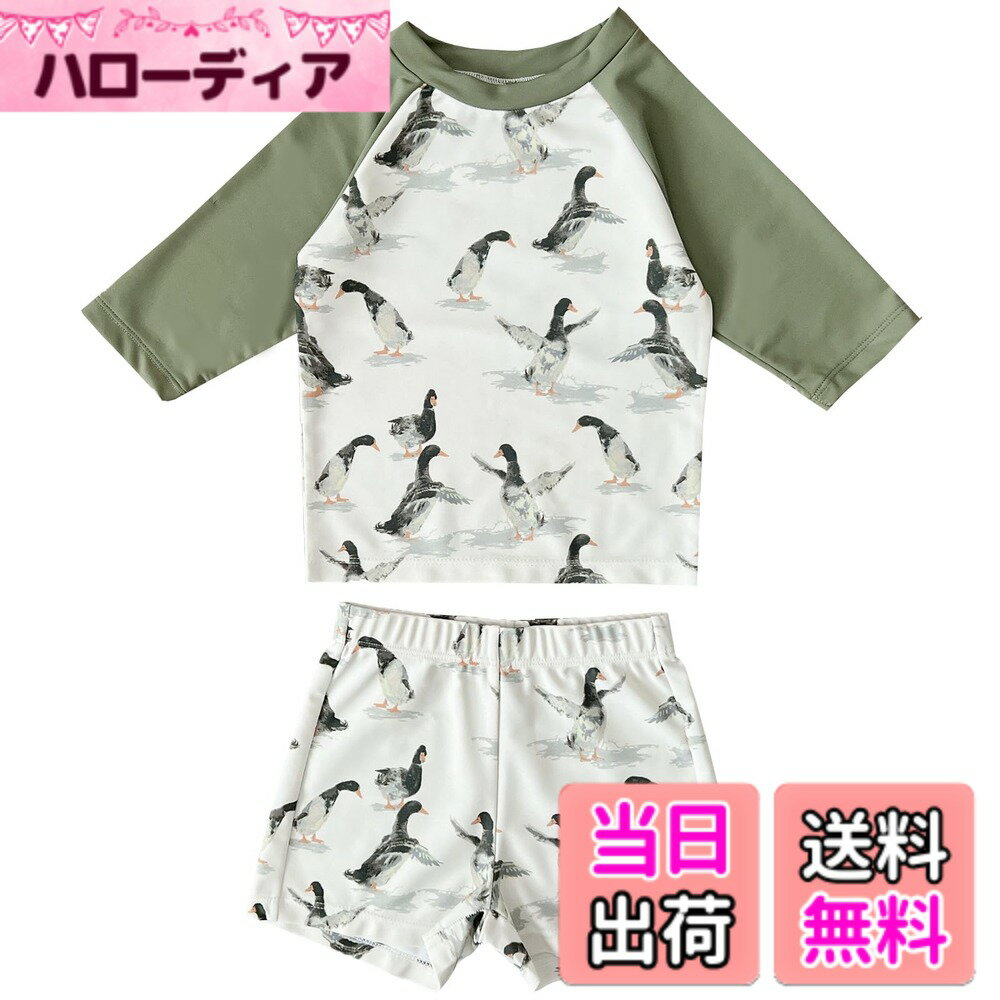 商品情報商品の説明主な仕様 【着回し自在のキッズ水着セット】色使いがかわいいラッシュガード・サーフパンツとキャップがセットで登場。UPF50+の紫外線対策は、夏の日差しからもしっかりガード。兄弟や友達とのお揃いも楽しめる、80-130サイズの幅広いサイズバリエーションをご用意いたしました。【着心地のよい素材】従来の素材より高い速乾性を実現、耐磨耗性・耐久性に加え毛玉になりにくい特徴があるリサイクルポリエステル素材を使用、ポリウレタンを配合することで伸縮性もあって動きやすいのにサラッとしたドライな着心地。元気に泳ぐ子どもたちにピッタリです。【優れたUVカット効果】】普通にTシャツを着るようにかぶって着られます。強い日差しから素肌を守るラッシュガードタイプになっており、UVカット加工を施した遮蔽率90%以上の素材を使用しているので、長時間の海水浴やプールでもしっかりキッズの肌を紫外線から守ります。【幅広いシーンに対応できる】ニュアンスカラー配色、遊び心溢れる象、シェル、ダックとサーフィンプリントがお子様の可愛らしさを引き立てます。セットアップなので日焼け対策しながらもおしゃれです。海やプール、川遊びはもちろん、水泳練習、スクール授業、温泉、旅行も活躍できます。キャンプやBBQ、ふだんの公園遊びなどもオススメです。【商品仕樣】セット内容：ラッシュガード・スイムパンツ・キャップ 素材：ポリエステル、ポリウレタン サイズ：80/90/100/110/120/130 ※着用後は、直ちに真水で手洗いし、陰干しで自然乾燥してください。※タンブル (乾燥機) 乾燥はお避けください。