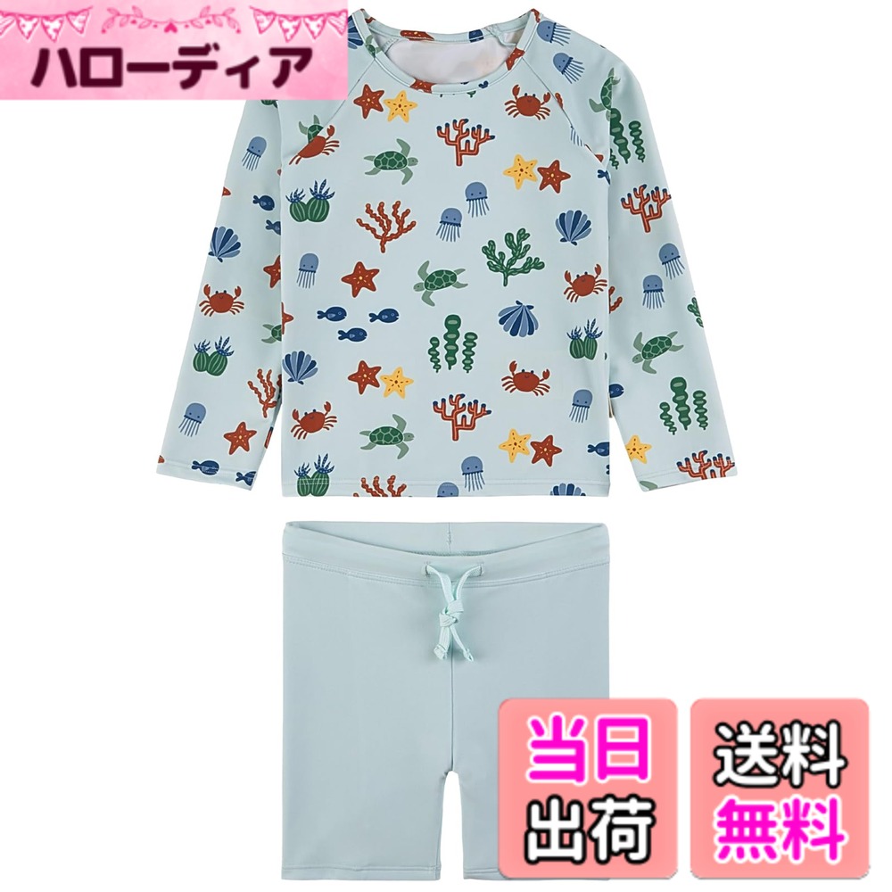 商品情報商品の説明説明 ご覧頂きありがとうございます！ 【品質へのこだわり】ベビー衣料専門工場で縫製、生産、日本の検査機関で生地の検査をした安心の商品です。 被りタイプのシンプルラッシュガード＋同系色のサーフパンツ+キャップの上下セット。 1.ラッシュガード：長袖タイプなので、紫外線からの直接の刺激を遮り、強い日差しからお子様の肌をしっかりと守ります。 2.サーフパンツ：ウエストには調節可能な紐が付いています。 3.キャップ：同じ柄のスイムキャップがセットになっており、水着との統一感を演出し、おしゃれなコーディネートが楽しめます。 UVカット効果があり、お子様の肌を紫外線から守ります。 伸縮性のある速乾素材の生地で作られており、日焼け防止と保温性に優れます。 海やプールといったレジャーシーンに活躍するのはもちろん、公園の噴水、水遊びやキャンプにもおすすめ。この夏大活躍してくれるアイテムです。主な仕様 【着回し自在のキッズ水着セット】長袖ラッシュガード・スイムパンツ・キャップの水着3点セット。UPF50+の紫外線対策は、夏の日差しからもしっかりガード。女の子も男の子もジェンダーレスで着られる水着かつ豊富な80-130のサイズ展開！【着心地のよい素材】従来の素材より高い速乾性を実現、耐磨耗性・耐久性に加え毛玉になりにくい特徴があるリサイクルポリエステル素材を使用、ポリウレタンを配合することで伸縮性もあって動きやすいのにサラッとしたドライな着心地。元気に泳ぐ子どもたちにピッタリです。【紫外線対策のUVカット】すぽっと被るタイプのラッシュガードはたくさん動いても着崩れなく安心。長袖トップスで、日焼けからも冷えからも守ってくれます。UVカット加工を施した遮蔽率90%以上の素材を使用しているので、長時間の海水浴やプールでもしっかりキッズの肌を紫外線から守ります。【幅広いシーンに対応できる】ファッション性が高く品のあるボーダー柄、元気いっぱいなフルーツ柄、キュートな海の生き物柄など、どれも選べないほどにかわいい色柄が大豊作。海やプール、川遊びはもちろん、水泳練習、スクール授業、温泉、旅行も活躍できます。キャンプやBBQ、ふだんの公園遊びなどもオススメです。【商品説明】セット内容：ラッシュガード・スイムパンツ・キャップ 素材：ポリエステル、ポリウレタン サイズ：80/90/100/110/120/130 ※着用後は、直ちに真水で手洗いし、陰干しで自然乾燥してください。※タンブル (乾燥機) 乾燥はお避けください。※高温下や濡れたままビニール袋に密封し長時間放置しますと、色移りをする可能性がございます。