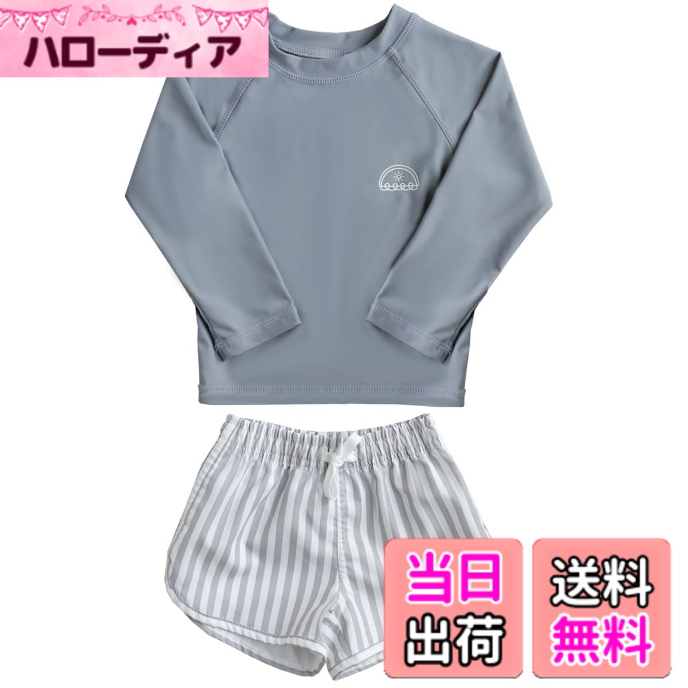 【送料無料】[GoUseGo] キッズ 水着 男の子 3点セット ラッシュガード水着 サーフパンツ 帽子 80-130cm 子ども用水着 小学生 セパレート スイムウェア 子供 上下セット ベビー水着 赤ちゃん 幼児 保育園 幼稚園用 UPF50+ UVカット 色：グレーx縞、サイズ：100