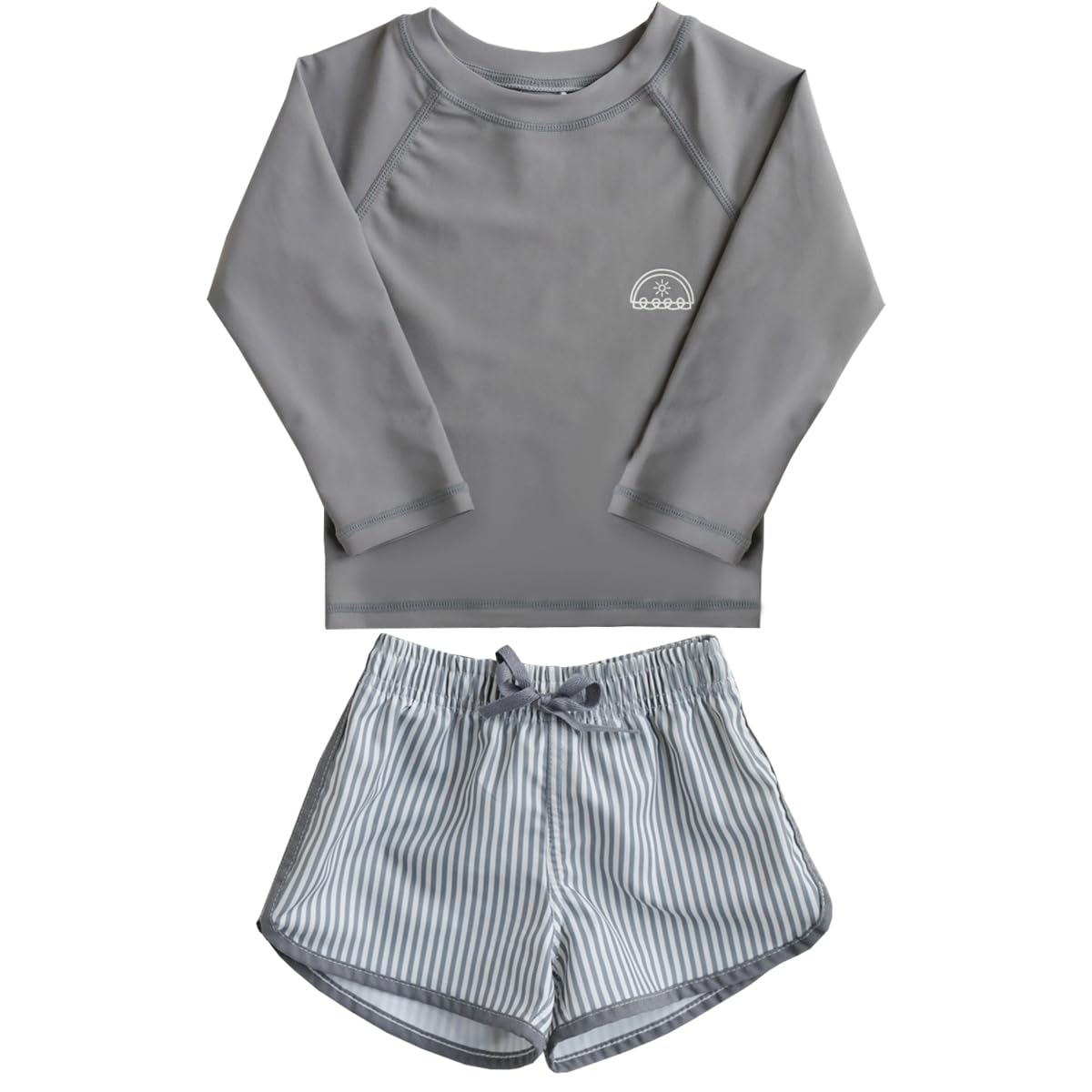 【送料無料】[GoUseGo] キッズ 水着 男の子 3点セット ラッシュガード水着 サーフパンツ 帽子 80-130cm 子ども用水着 小学生 セパレート スイムウェア 子供 上下セット ベビー水着 赤ちゃん 幼児 保育園 幼稚園用 UPF50+ UVカット 色：ダークグレーx縞、サイズ：110