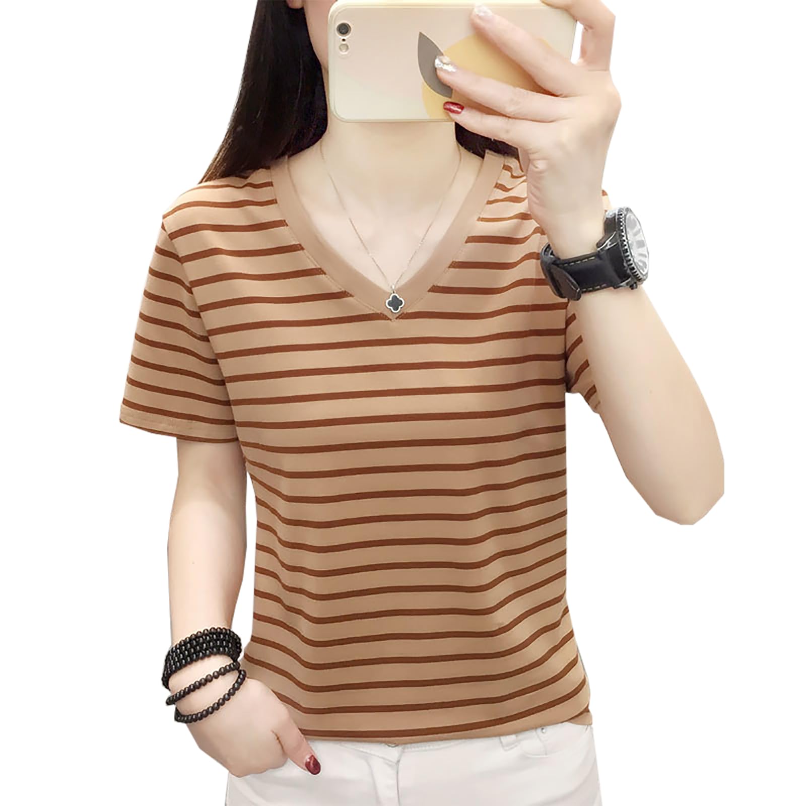 【送料無料】[zuevichn] レディース 半袖 Tシャツ vネック トップス カジュアル ストライプ 夏服 ボーダー カットソー 薄手 ゆったり 綿 色：カーキ、サイズ：M