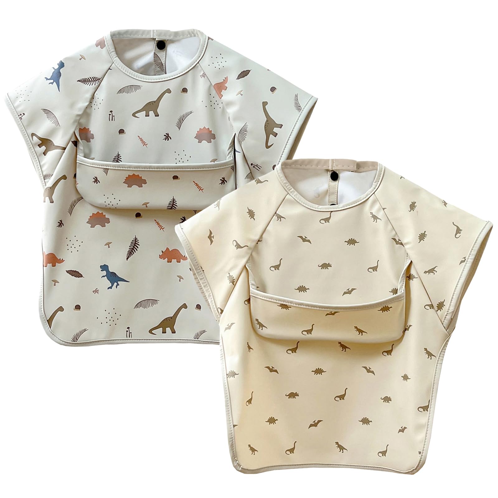 【送料無料】[GoUseGo] お食事エプロン ベビー 半袖 離乳食エプロン 2枚セット 防水 食事用エプロン 防水 赤ちゃん 食事スタイ 女の子 男の子 幼児用 エプロン 1歳 2歳 3歳 4歳 5歳 6歳 スモック 子供 キッズ 保育園 幼稚園用 色：恐竜x恐竜、サイズ：M