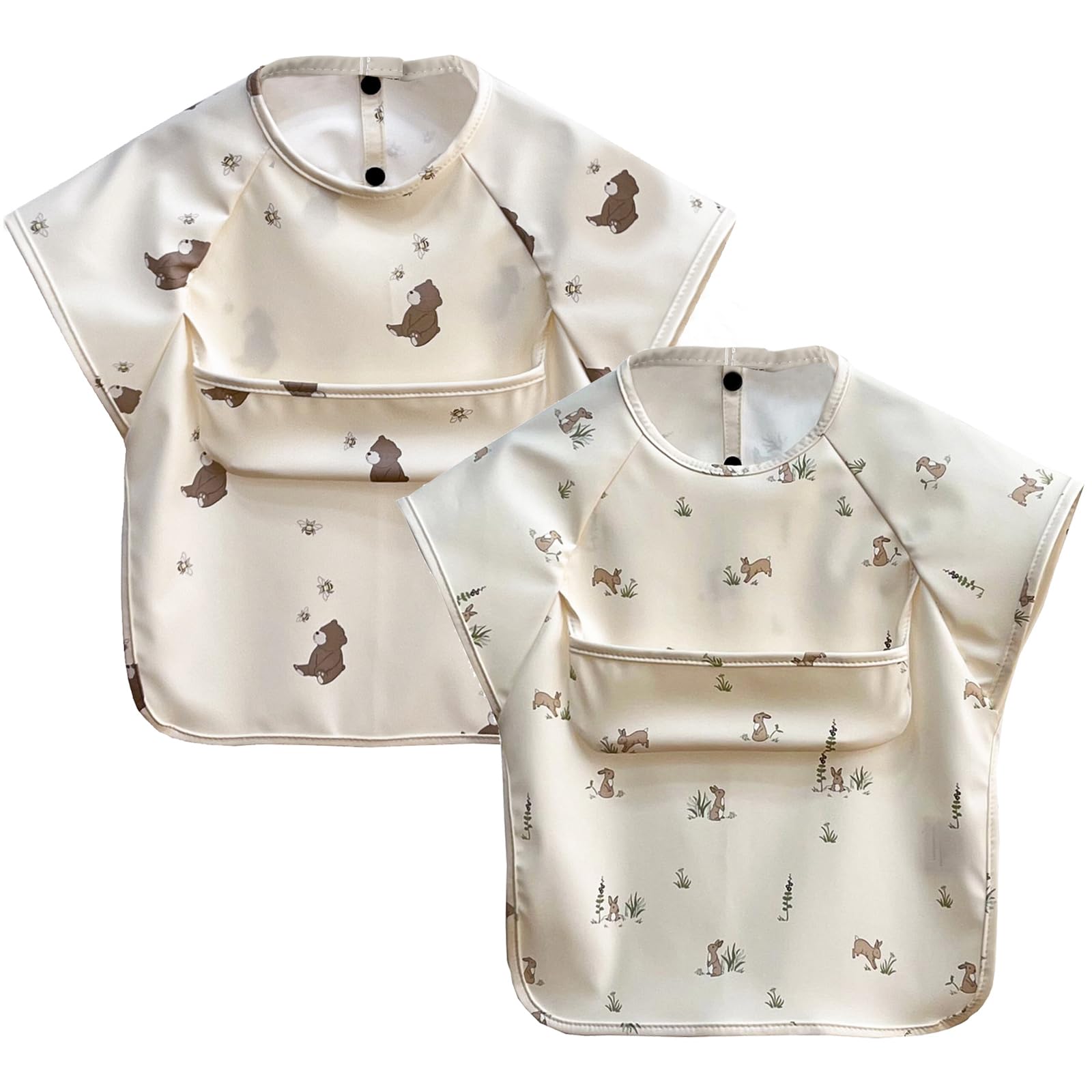 【送料無料】[GoUseGo] お食事エプロン ベビー 半袖 離乳食エプロン 2枚セット 防水 食事用エプロン 防水 赤ちゃん 食事スタイ 女の子 男の子 幼児用 エプロン 1歳 2歳 3歳 4歳 5歳 6歳 スモック 子供 キッズ 保育園 幼稚園用 色：クマxウサギ、サイズ：S