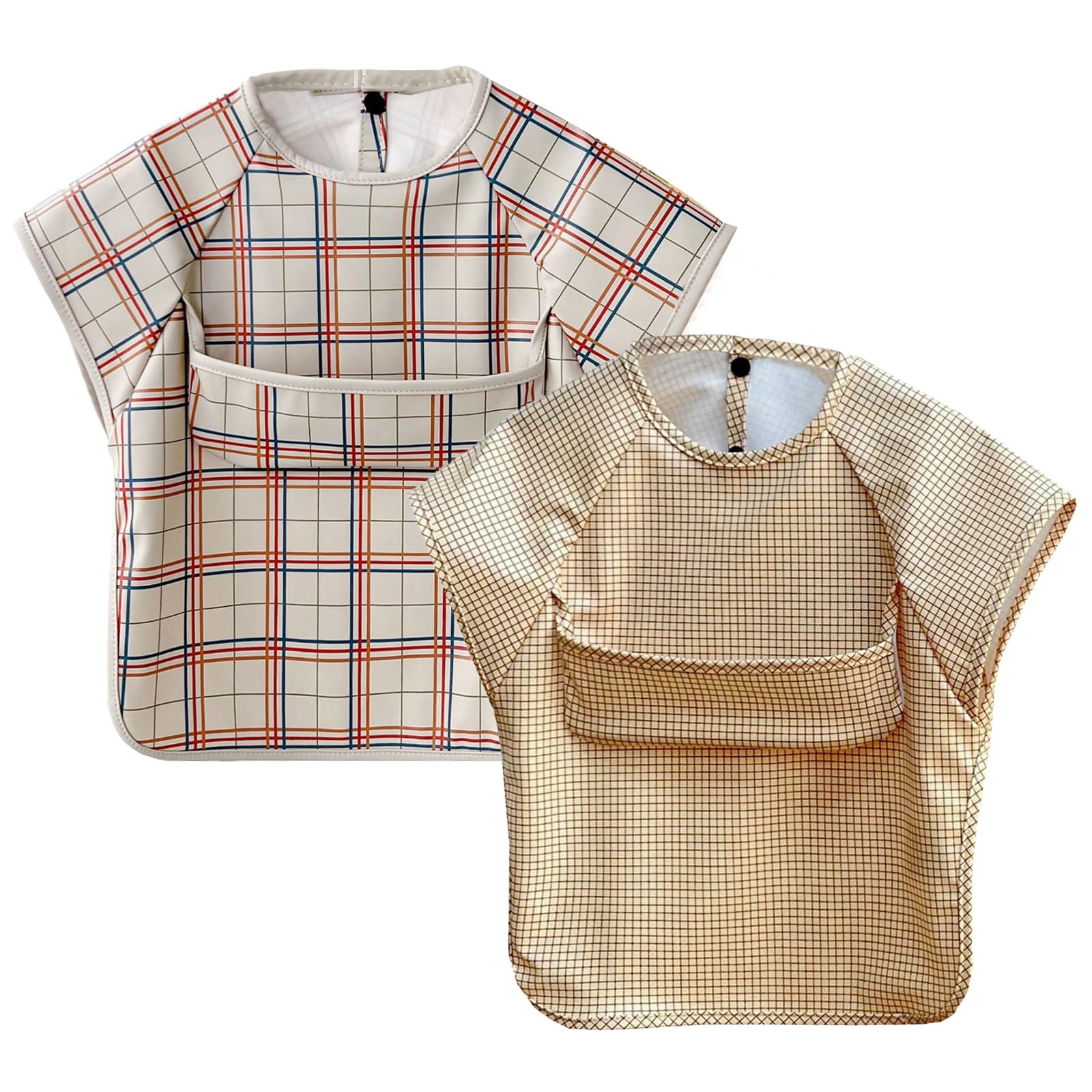 【送料無料】[GoUseGo] お食事エプロン ベビー 半袖 離乳食エプロン 2枚セット 防水 食事用エプロン 防水 赤ちゃん 食事スタイ 女の子 男の子 幼児用 エプロン 1歳 2歳 3歳 4歳 5歳 6歳 スモック 子供 キッズ 保育園 幼稚園用 色：チェック、サイズ：M