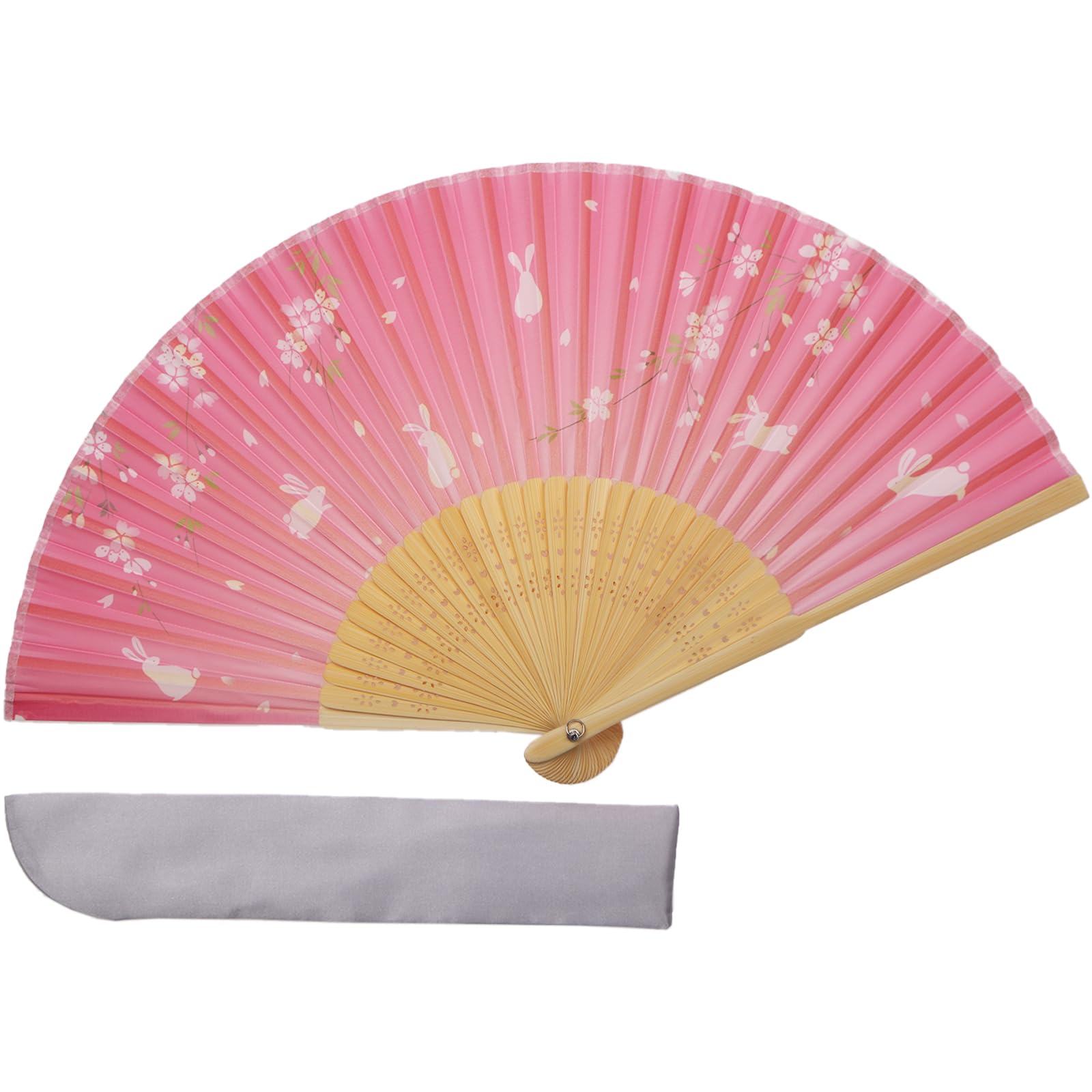 【送料無料】[TOuWA] 扇子 メンズ レディース 竹骨 和柄 軽量 日本 お土産 お祭り 花火大会 忘年会 新年会 発表会 浴衣 着物 和装 和小物 歌舞伎小物 紳士用 男女兼用 センス 2点セット (扇子、扇子袋) 色：うさぎと桜 ピンク