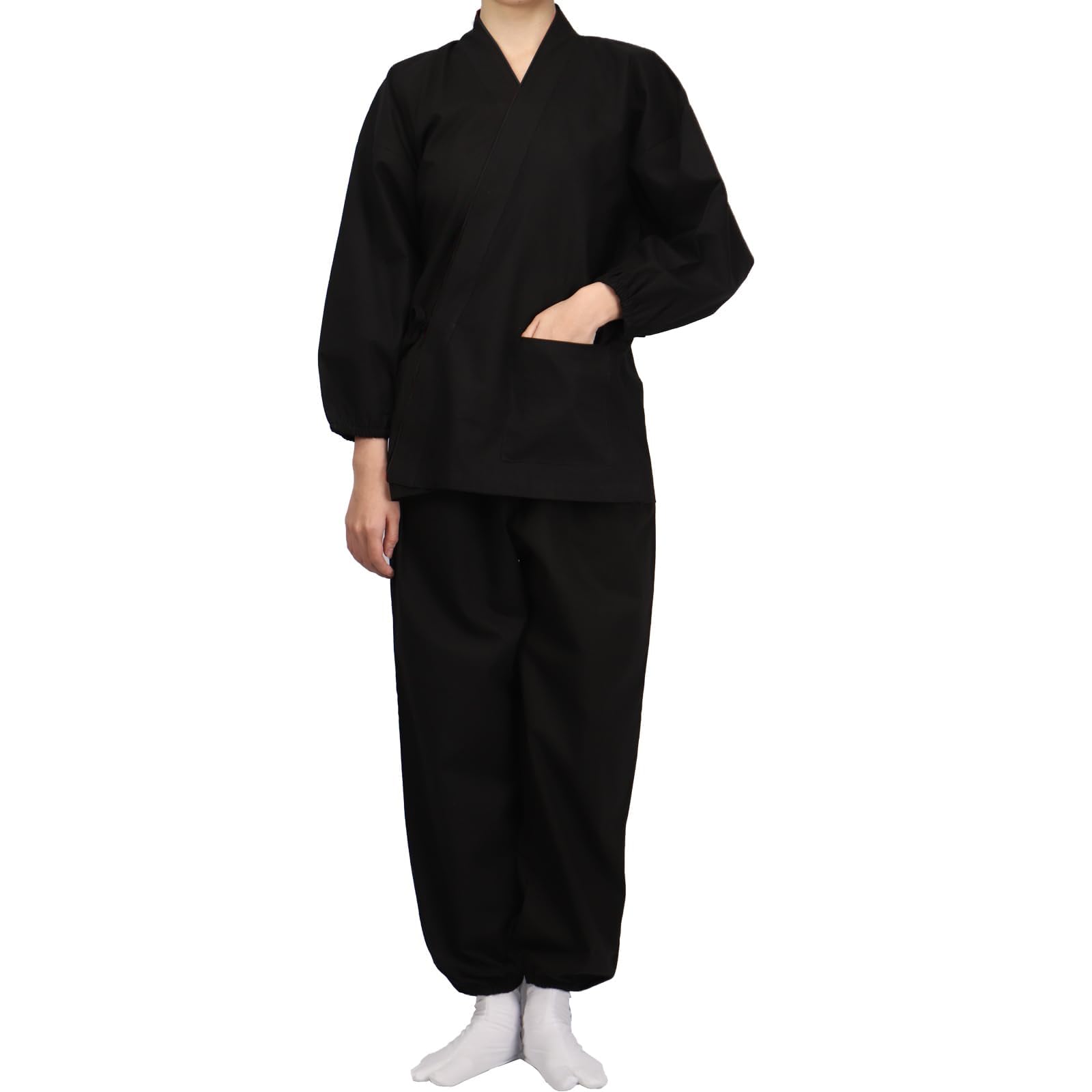 【送料無料】[TOuWA] 作務衣 女性用 洗える 無地 通年用 さむい さむえ 作業着 浴衣 甚平 寝間着 パジャマ 部屋着 上下セット 色：ブラック、サイズ：L