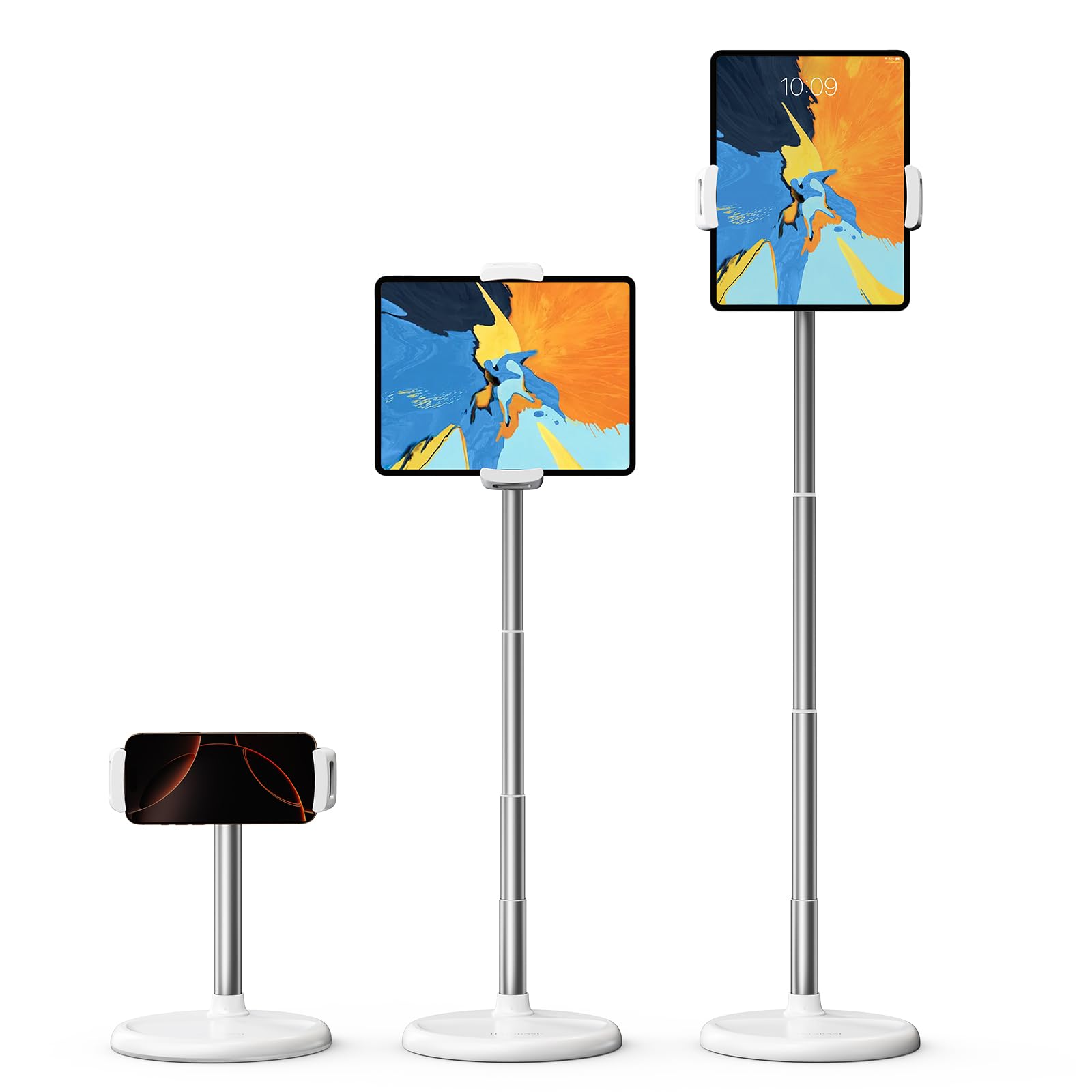 【送料無料】nediea タブレットスタンド デスクトップ 床置き、ソファー用、寝ながらミニタブレットスタンド着地、30.5-88CM高さ調整可能な金属ロッド、360°回転可能、4-12.9インチの携帯電話やPCとの互換性 色：ホワイト