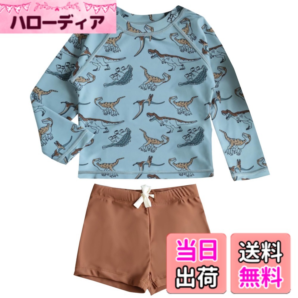  キッズ 水着 男の子 3点セット 子供用水着 長袖ラッシュガード サーフパンツ キャップ 80-130cm 小学生 セパレート スイムウェア 上下セット ベビー水着 赤ちゃん 幼児 保育園 幼稚園用 日焼け止め 色：マリンブルー恐竜、サイズ：100