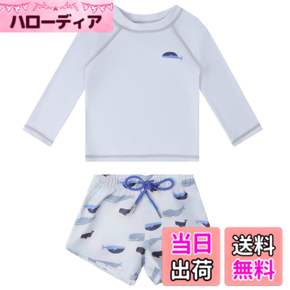 【送料無料】[GoUseGo] キッズ 水着 男の子 3点セット 子供用水着 長袖ラッシュガード サーフパンツ キャップ 80-130cm 小学生 セパレート スイムウェア 上下セット ベビー水着 赤ちゃん 幼児 保育園 幼稚園用 日焼け止め 色：クジラ、サイズ：130