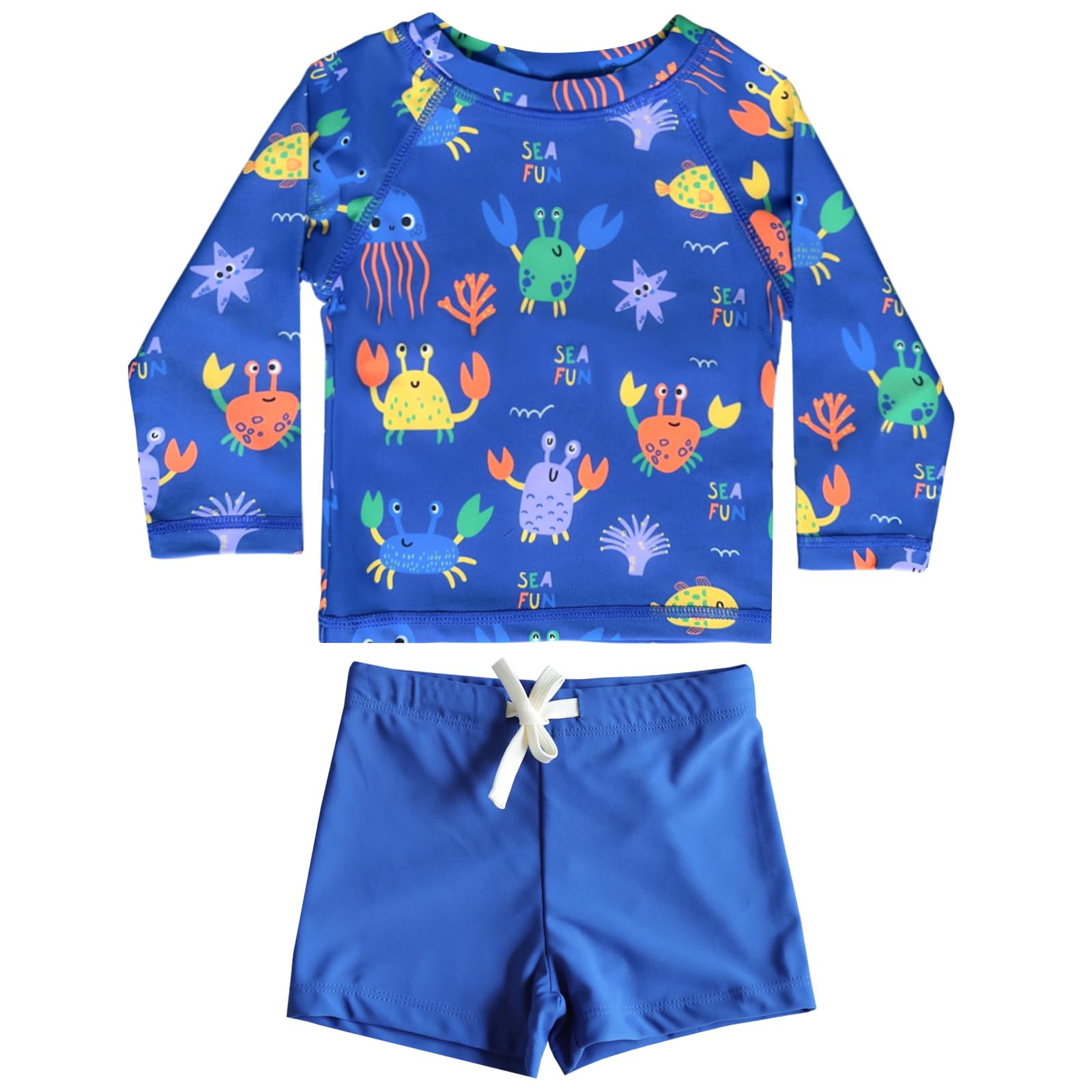 【送料無料】[GoUseGo] キッズ 水着 男の子 3点セット 子供用水着 長袖ラッシュガード サーフパンツ キャップ 80-130cm 小学生 セパレート スイムウェア 上下セット ベビー水着 赤ちゃん 幼児 保育園 幼稚園用 日焼け止め 色：海の生き物、サイズ：110