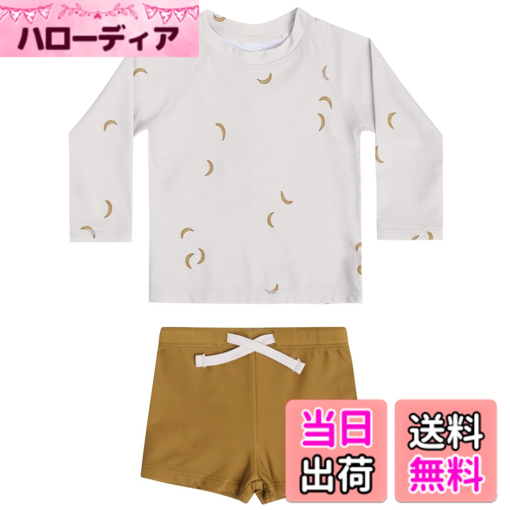 【送料無料】[GoUseGo] キッズ 水着 男の子 3点セット 子供用水着 長袖ラッシュガード サーフパンツ キャップ 80-130cm 小学生 セパレート スイムウェア 上下セット ベビー水着 赤ちゃん 幼児 保育園 幼稚園用 日焼け止め 色：バナナ、サイズ：110