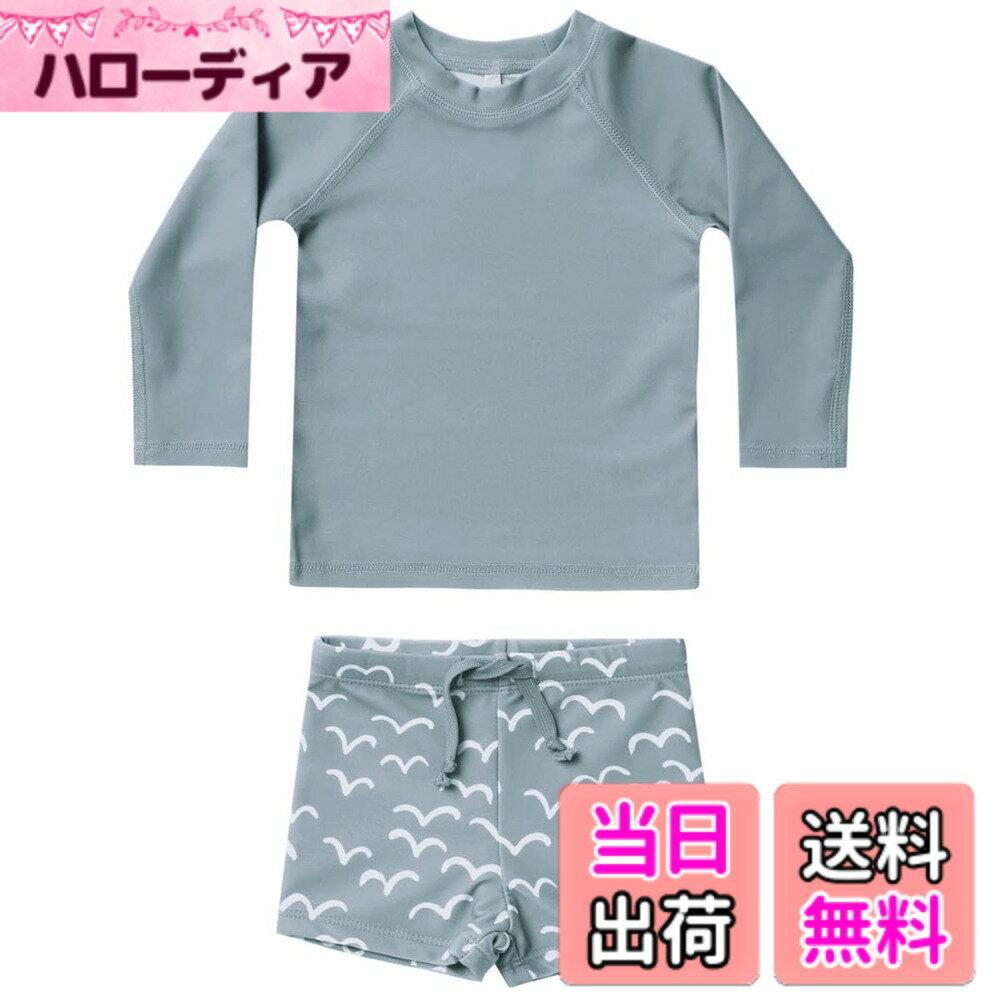 【送料無料】[GoUseGo] キッズ 水着 男の子 3点セット 子供用水着 長袖ラッシュガード サーフパンツ キャップ 80-130cm 小学生 セパレート スイムウェア 上下セット ベビー水着 赤ちゃん 幼児 保育園 幼稚園用 日焼け止め 色：ブルーカモメ、サイズ：130