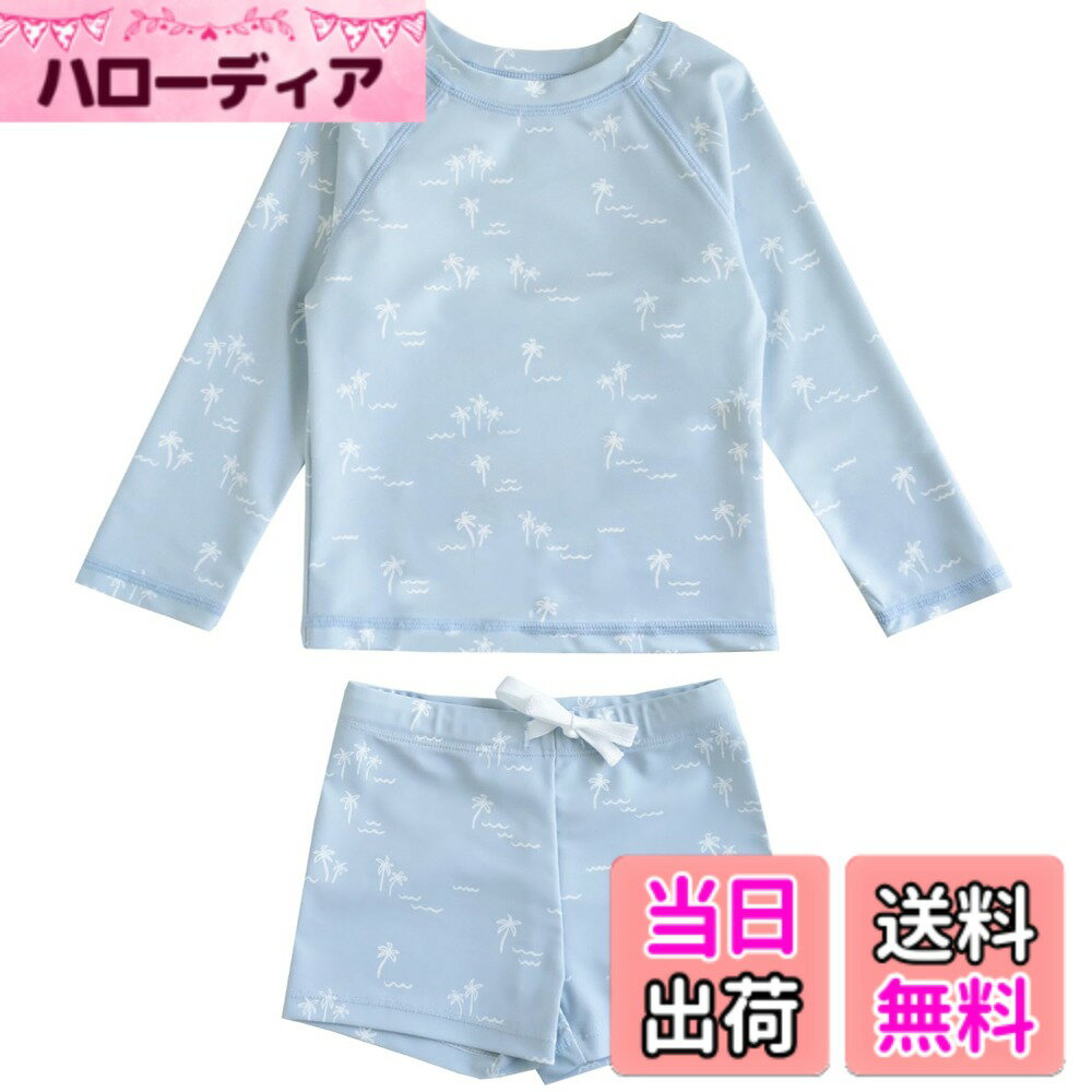 【送料無料】[GoUseGo] キッズ 水着 男の子 3点セット 子供用水着 長袖ラッシュガード サーフパンツ キャップ 80-130cm 小学生 セパレート スイムウェア 上下セット ベビー水着 赤ちゃん 幼児 保育園 幼稚園用 日焼け止め 色：ヤシの木、サイズ：110