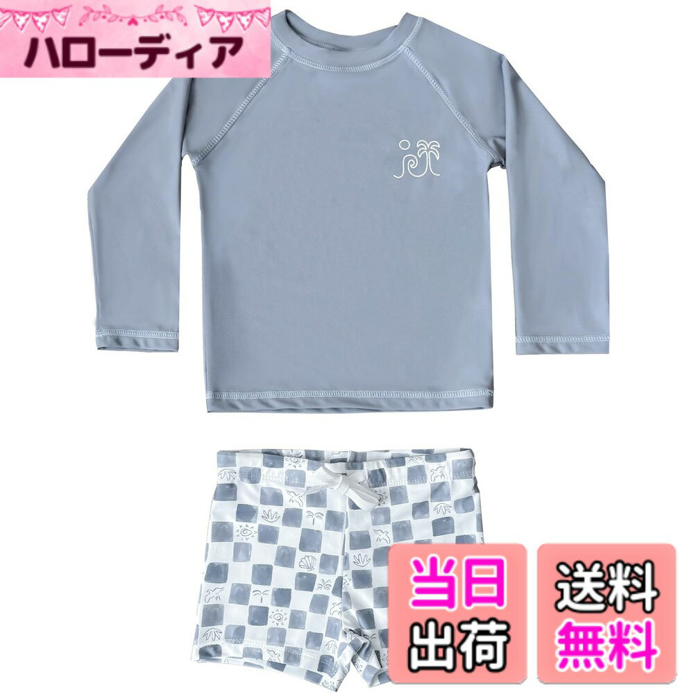 【送料無料】[GoUseGo] キッズ 水着 男の子 3点セット 子供用水着 長袖ラッシュガード サーフパンツ キャップ 80-130cm 小学生 セパレート スイムウェア 上下セット ベビー水着 赤ちゃん 幼児 保育園 幼稚園用 日焼け止め 色：チェック・シェル、サイズ：110