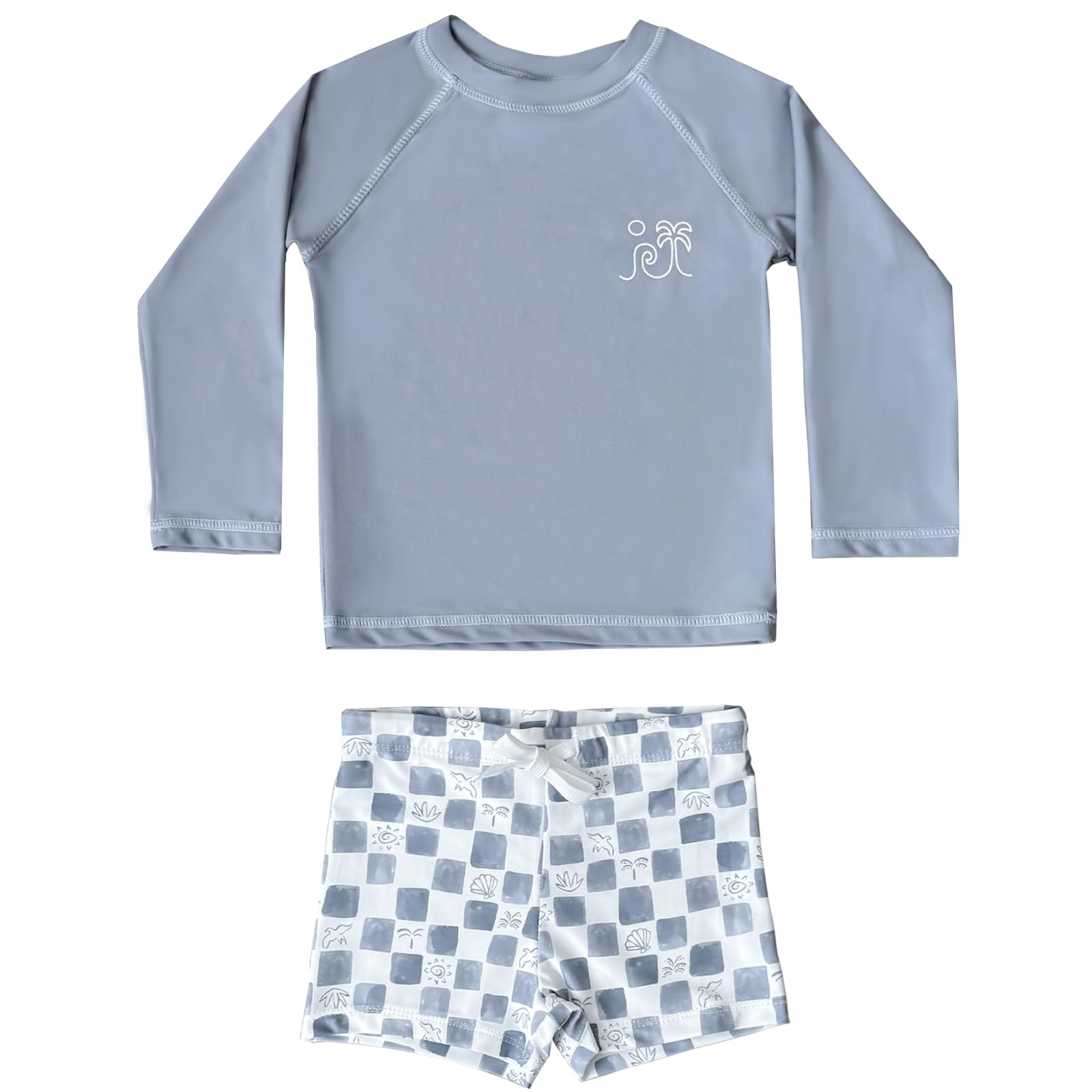 【送料無料】[GoUseGo] キッズ 水着 男の子 3点セット 子供用水着 長袖ラッシュガード サーフパンツ キャップ 80-130cm 小学生 セパレート スイムウェア 上下セット ベビー水着 赤ちゃん 幼児 保育園 幼稚園用 日焼け止め 色：チェック・シェル、サイズ：130