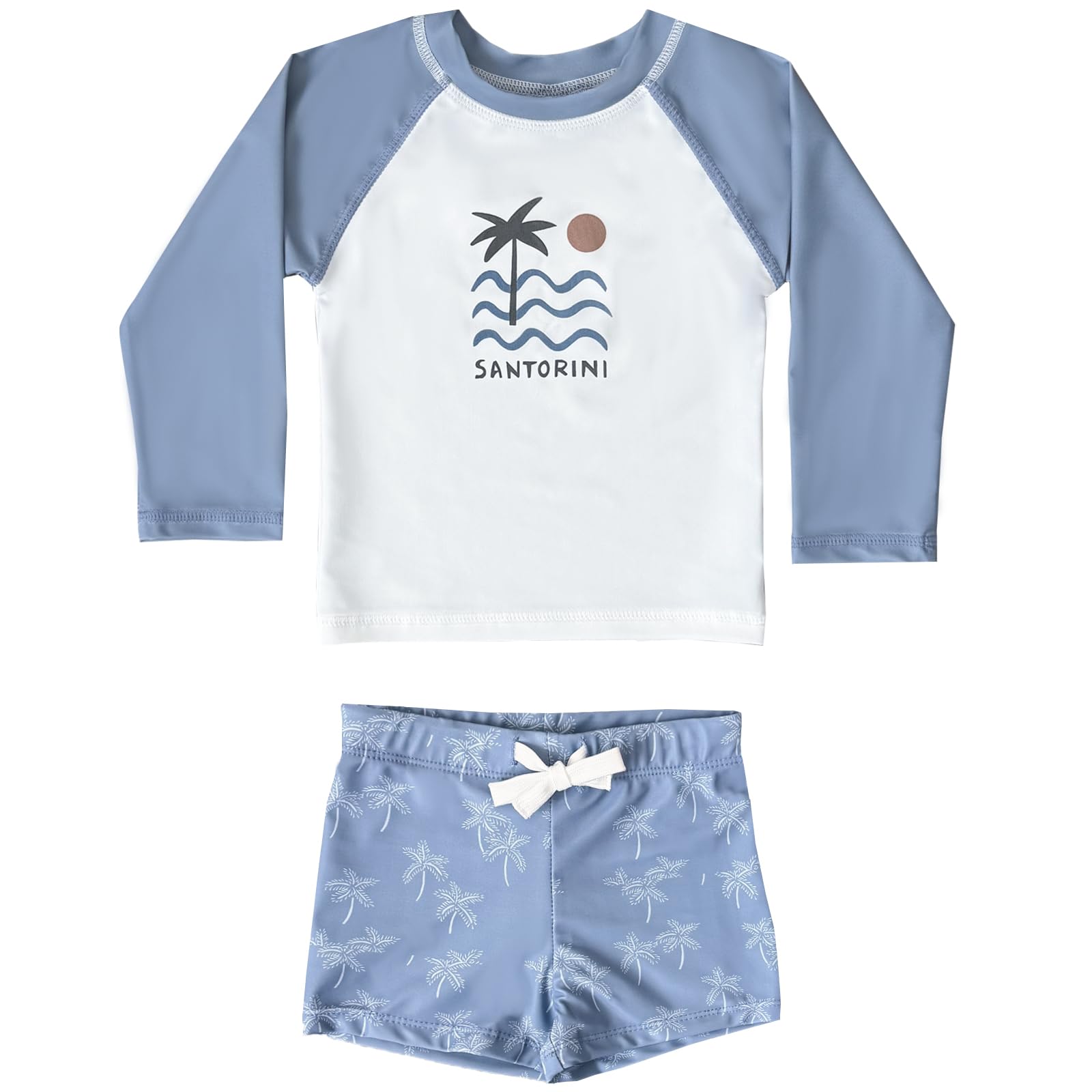 【送料無料】[GoUseGo] キッズ 水着 男の子 3点セット 子供用水着 長袖ラッシュガード サーフパンツ キャップ 80-130cm 小学生 セパレート スイムウェア 上下セット ベビー水着 赤ちゃん 幼児 保育園 幼稚園用 日焼け止め 色：ブルー・樹木、サイズ：110