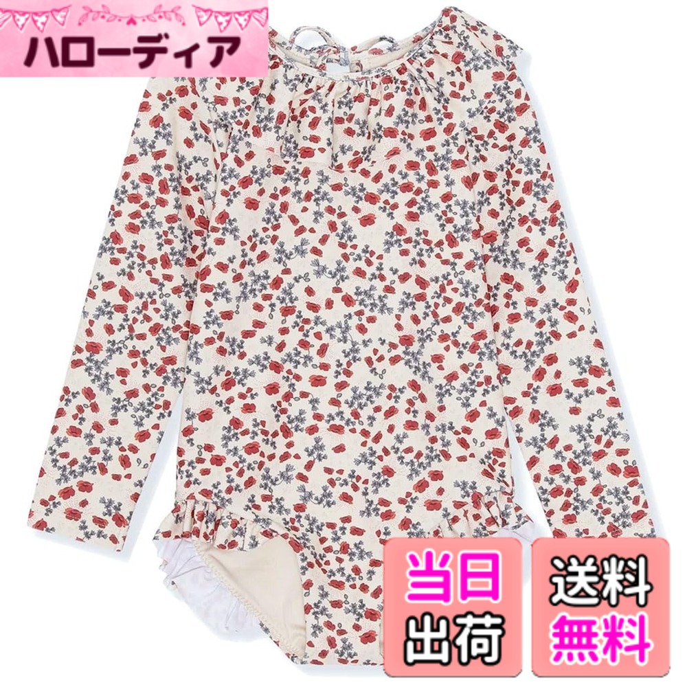  キッズ 水着 ワンピース 女の子 長袖ラッシュガード キャップ付き 子供用 スイムウェア オールインワン 幼児 赤ちゃん ベビー水着 80cm 90cm 100cm 110cm 120cm 130cm 幼稚園 保育園用 日焼け止め 色：レッド花、サイズ：130