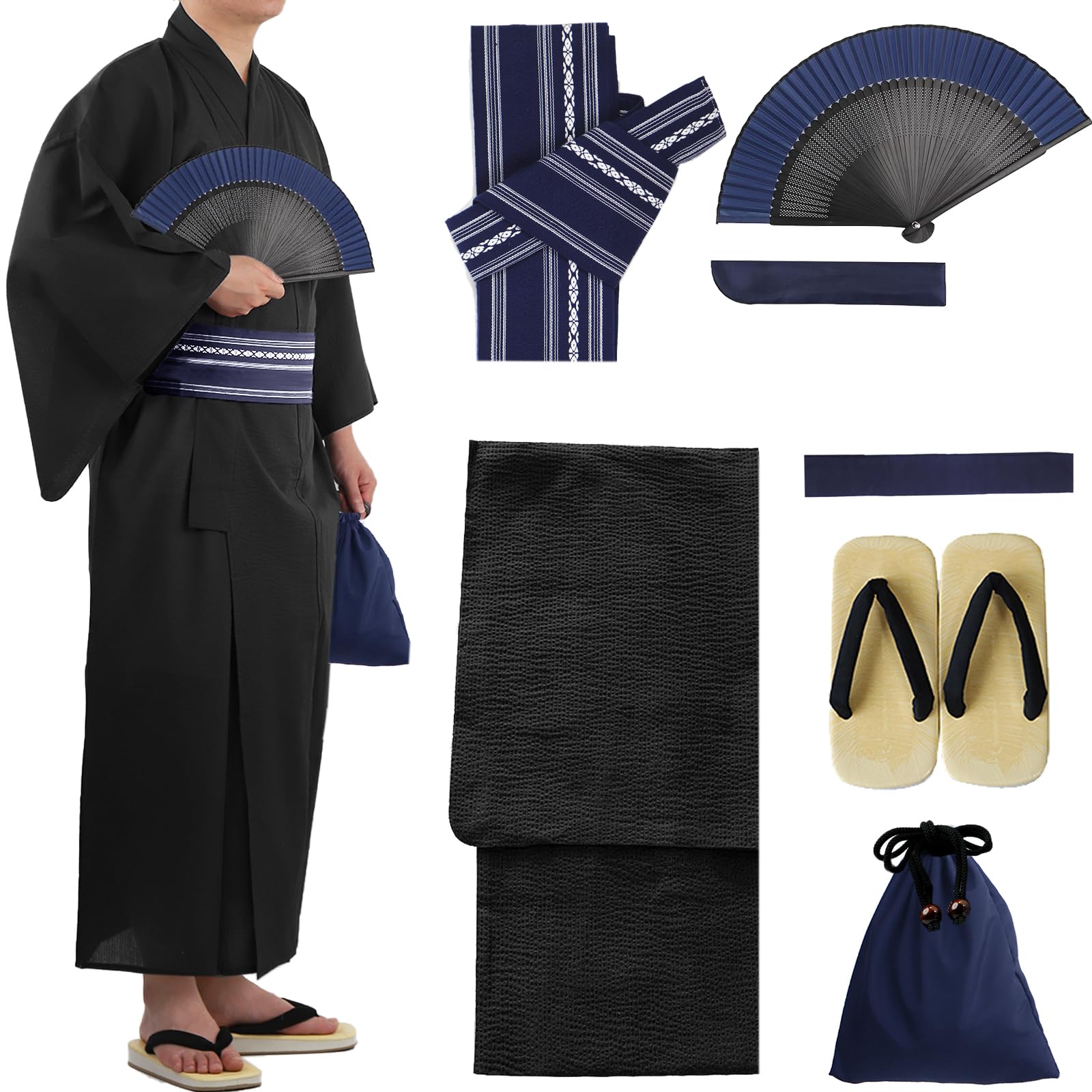 【送料無料】[TOuWA] 浴衣セット メンズ 7点セット (男性浴衣 ワンタッチ角帯 信玄袋 腰紐 扇子 扇子入..