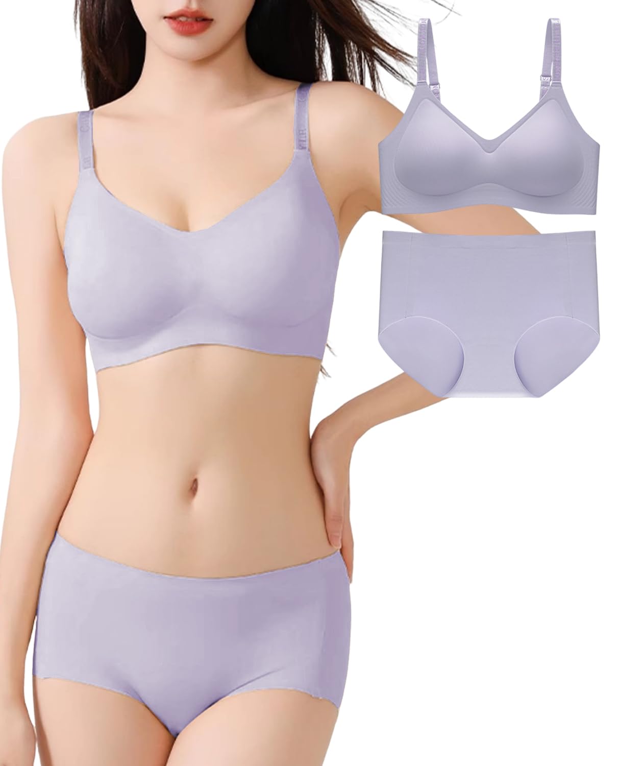 【送料無料】[Kayuuhin] ブブラジャー ショーツ セット シームレス ノンワイヤー 下着 脇高ブラ＆ショーツ レディース かわいい 上下セット インナー セクシー ドレス・リゾート 色：ライラック、サイズ：L
