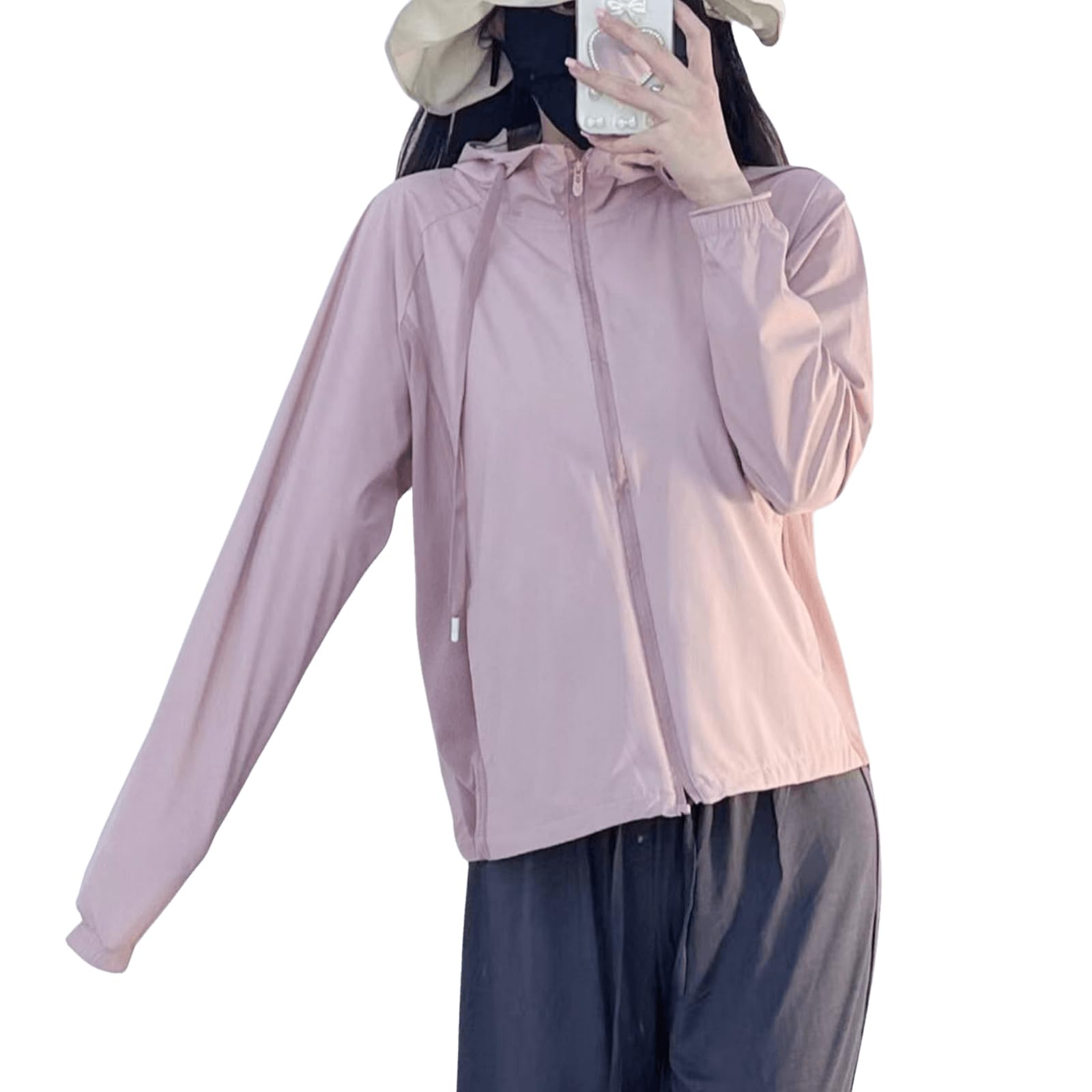 【送料無料】[xppe] UVカット ラッシュガードシャツ レディース カーディガン トップス 切り替え 長袖 ジッパー フード付き ポケット付き 薄手 通気速乾 ゆったり 重ね着 日焼け防止 水着 夏 秋 色：ピンク、サイズ：L