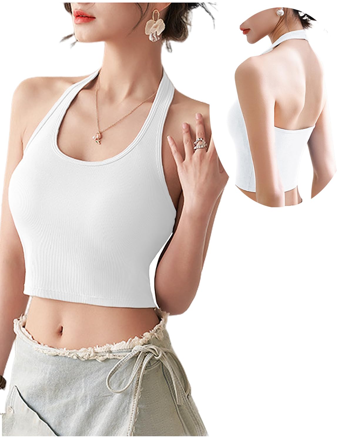 【送料無料】[Kayuuhin] タンクトップ ショート丈 レディース カップ付き キャミソール ネックホルダー インナー 一枚着可 タンクトップブラジャー ノースリーブ トップス ダンス スポーツ 無地 人気 おしゃれで着こなし 色：ホワイト、サイズ：L