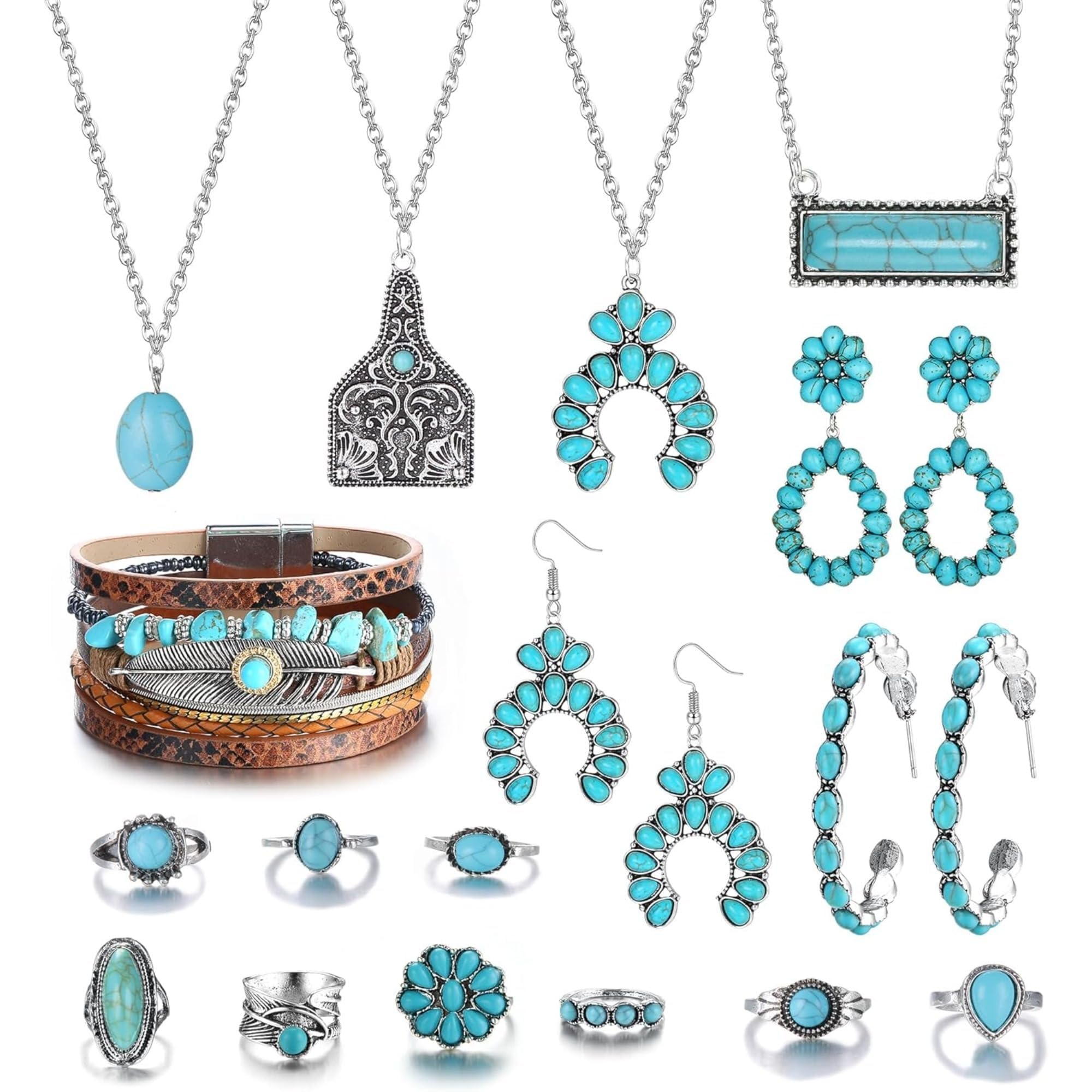 【送料無料】[Jstyle] 20点 ボヘミア ネックレス レディース 人気 日常 ピアス リング ブレスレット セット 分厚い プラチナ 女性 大人 首飾り ネックレス ジュエリー 色：シルバー、サイズ：通用