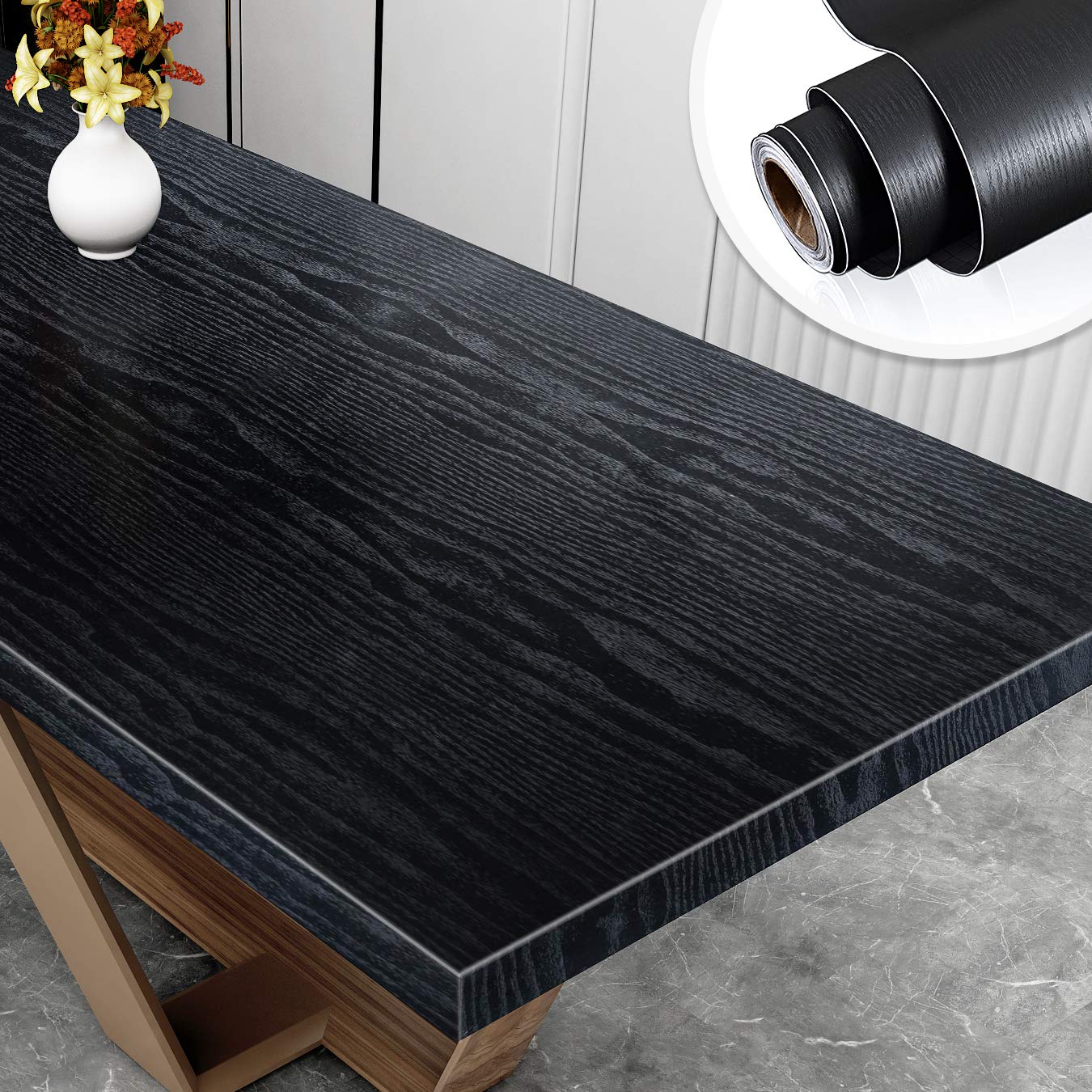 【送料無料】リメイクシート 壁紙シール カッティングシート 木目 黒 はがせる のり付き 壁紙クロス 壁紙 補修 シート 剥がせる壁紙 賃貸 ウォール ステッカー 防水 防カビ 防汚 オシャレ 家具 テーブル 台所 YENHOME 60cmX3m 色：ブラック