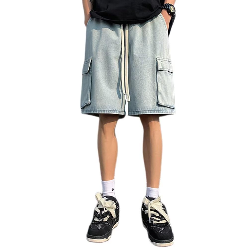 【送料無料】Quntum A.E ショートパンツ メンズ デニムハーフパンツ カーゴパンツ コットン ゆったり 5分丈ジーンズ ビッグシルエット 大きいサイズ カジュアル ストリート系 飾り紐付き 色：ライトブルーX、サイズ：2XL