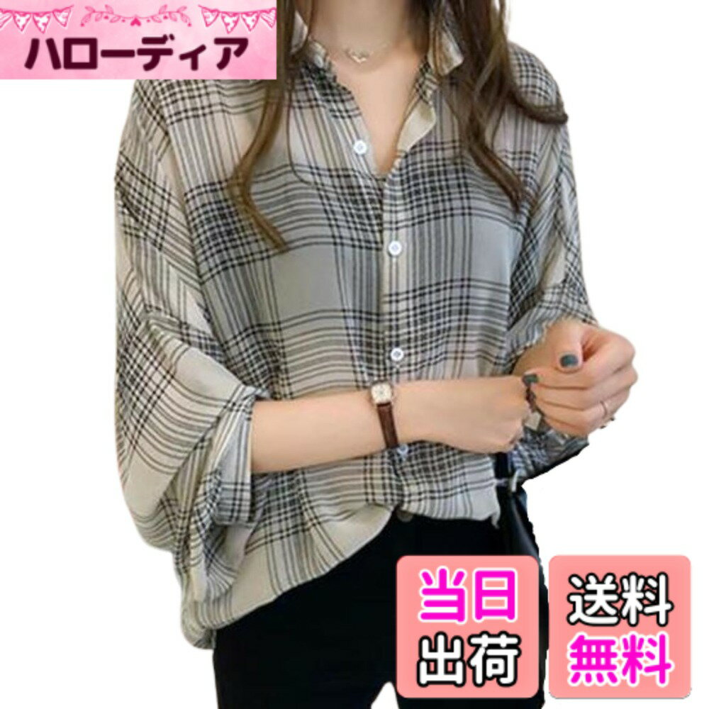 【送料無料】[toasoa] チェック シャツ レディース トップス 長袖 前開き シフォン とろみ ブラウス 色：ベージュ、サイズ：L