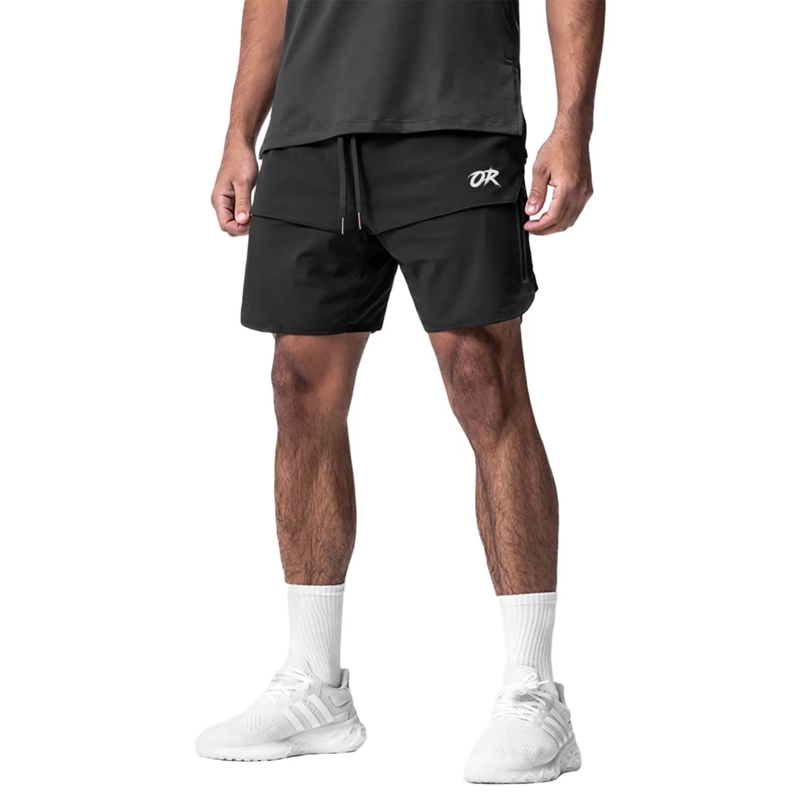 【送料無料】[OROLN] ショートパンツ メンズ スポーツ アメリカ 短パン トレーニング フィットネス ランニング 半ズボン 通気 速乾 調整可能 ファスナーポケット付き ハーフパンツ 色：ブラック、サイズ：2XL