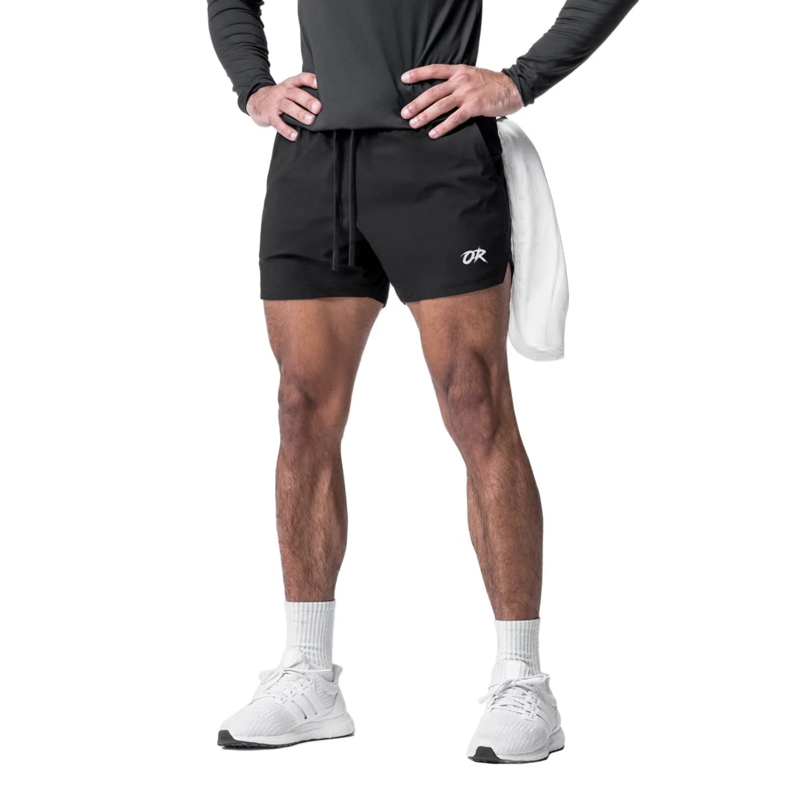 【送料無料】[OROLN] メンズ ショートパンツ トレーニング アメリカ スポーツ 短パン フィットネス ランニング 半ズボン 通気 速乾 調整可能 ファスナーポケット付き ハーフパンツ 色：ブラック、サイズ：M